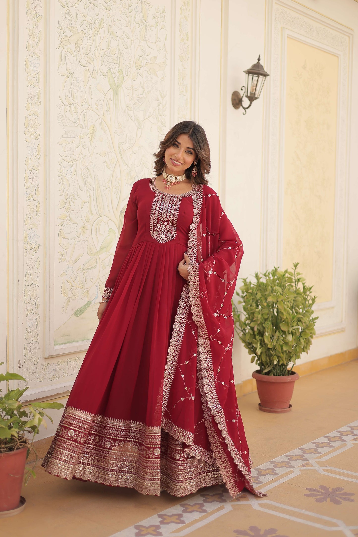 Maroon Faux Blooming Sequins Embroidered Gown with Matching Dupatta  Festive & Party Wear 2024