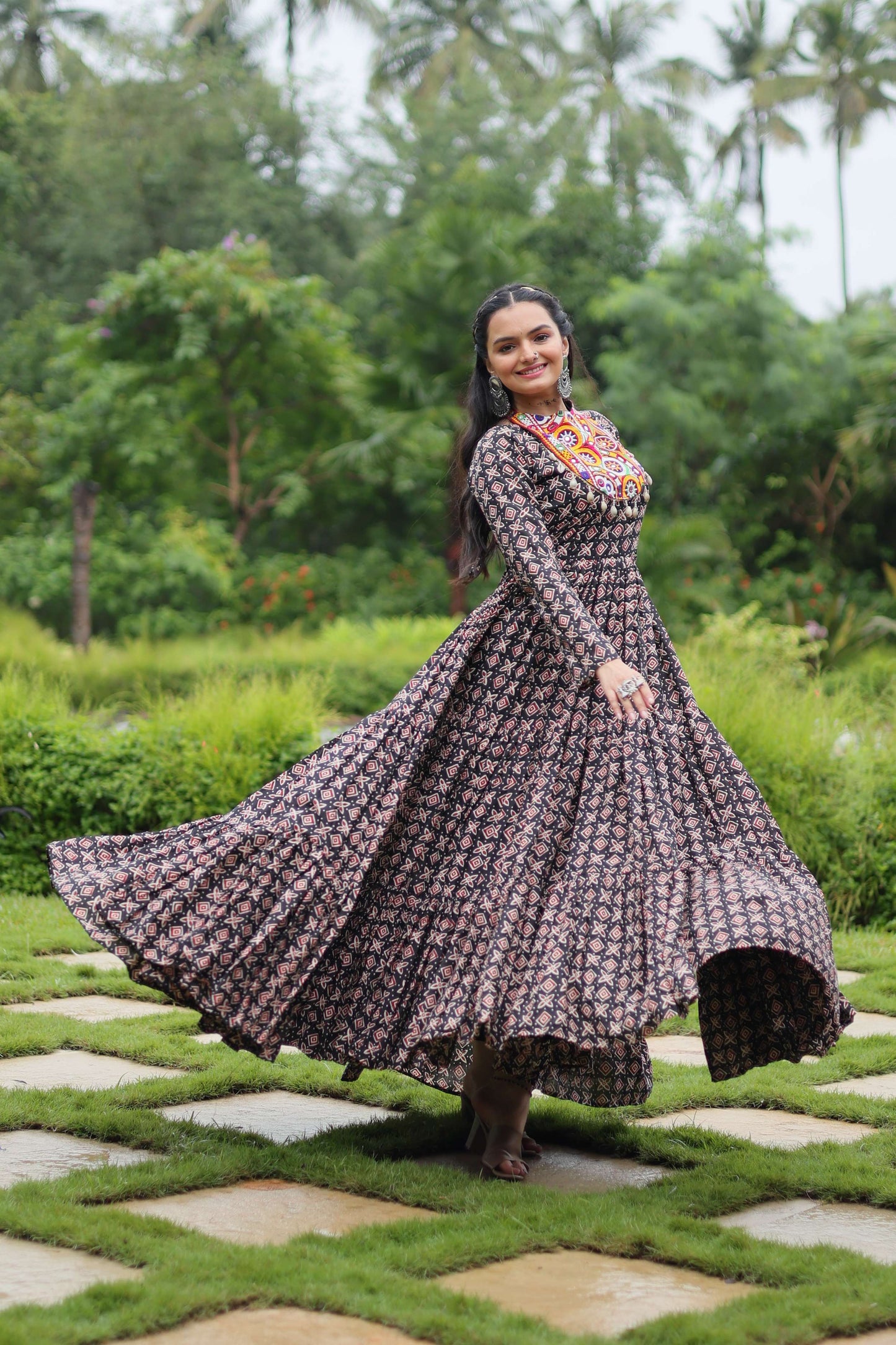 Black Designer Printed Cotton Gown with Kutchi Gamthi Lace & Kodi Work  Maroon