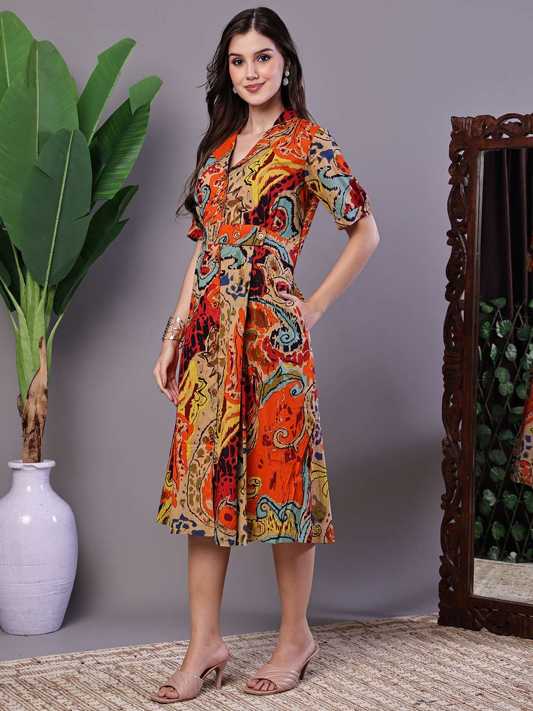 Women's Bohemian Chic Multi-Color Paisley Print Cotton Collared Midi Dress
