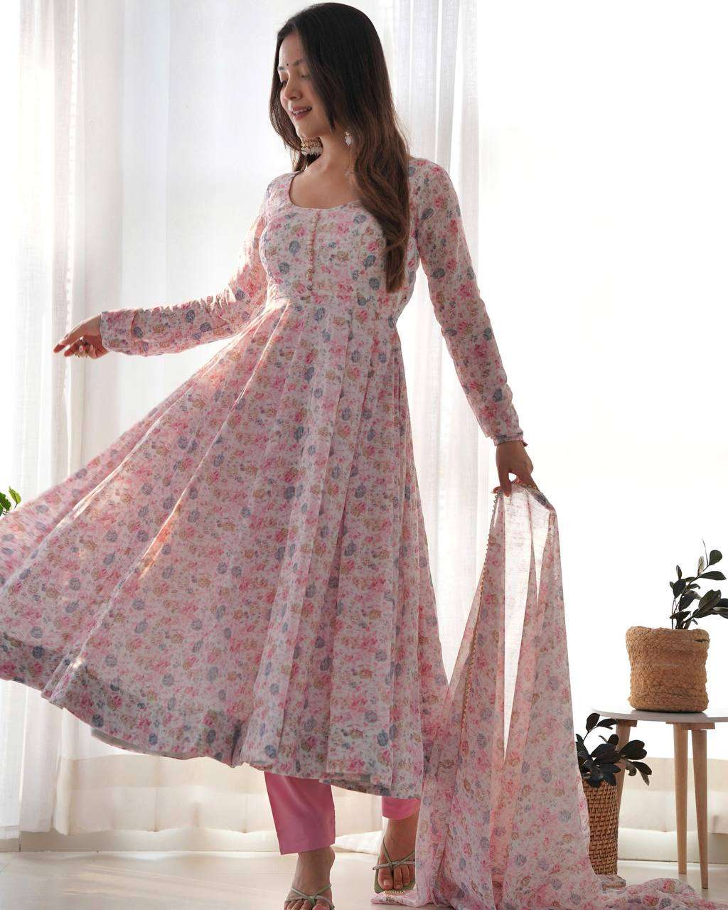Womens Crunchy Silk Anarkali Kurti with Pant & Dupatta Set