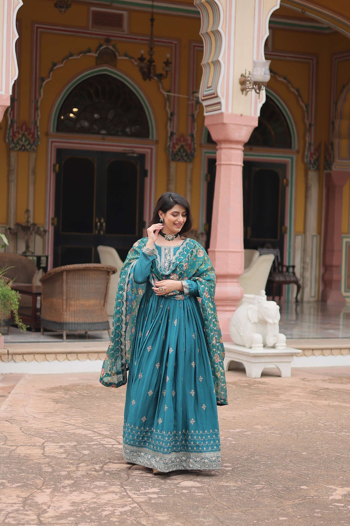 Rama Designer Chinon Sequins Embroidered Gown with Kalamkari Silk Dupatta