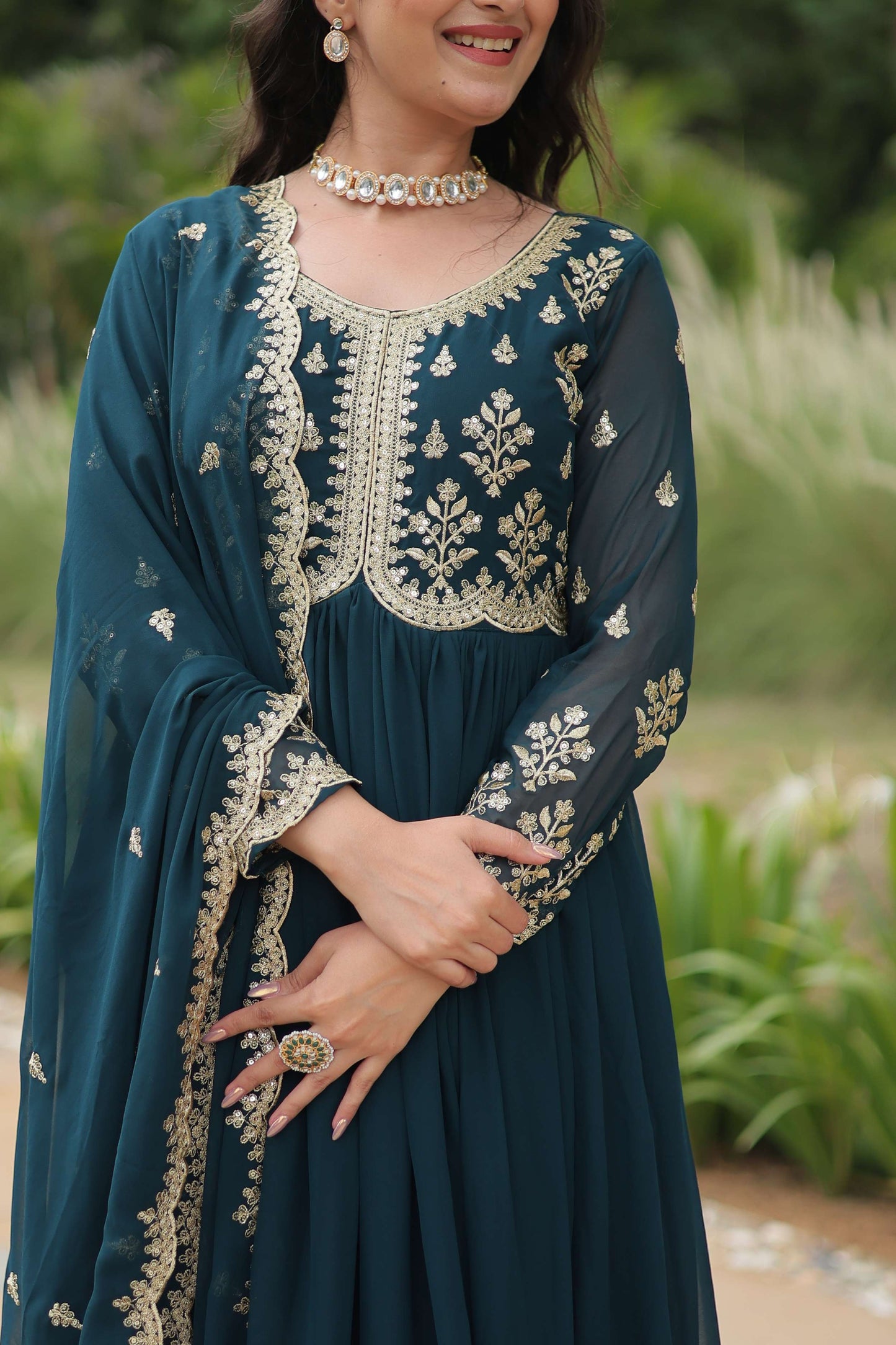 Teal-Blue Elegant Kutchi Gamthi Work Reyon Gown with Heavy Flair
