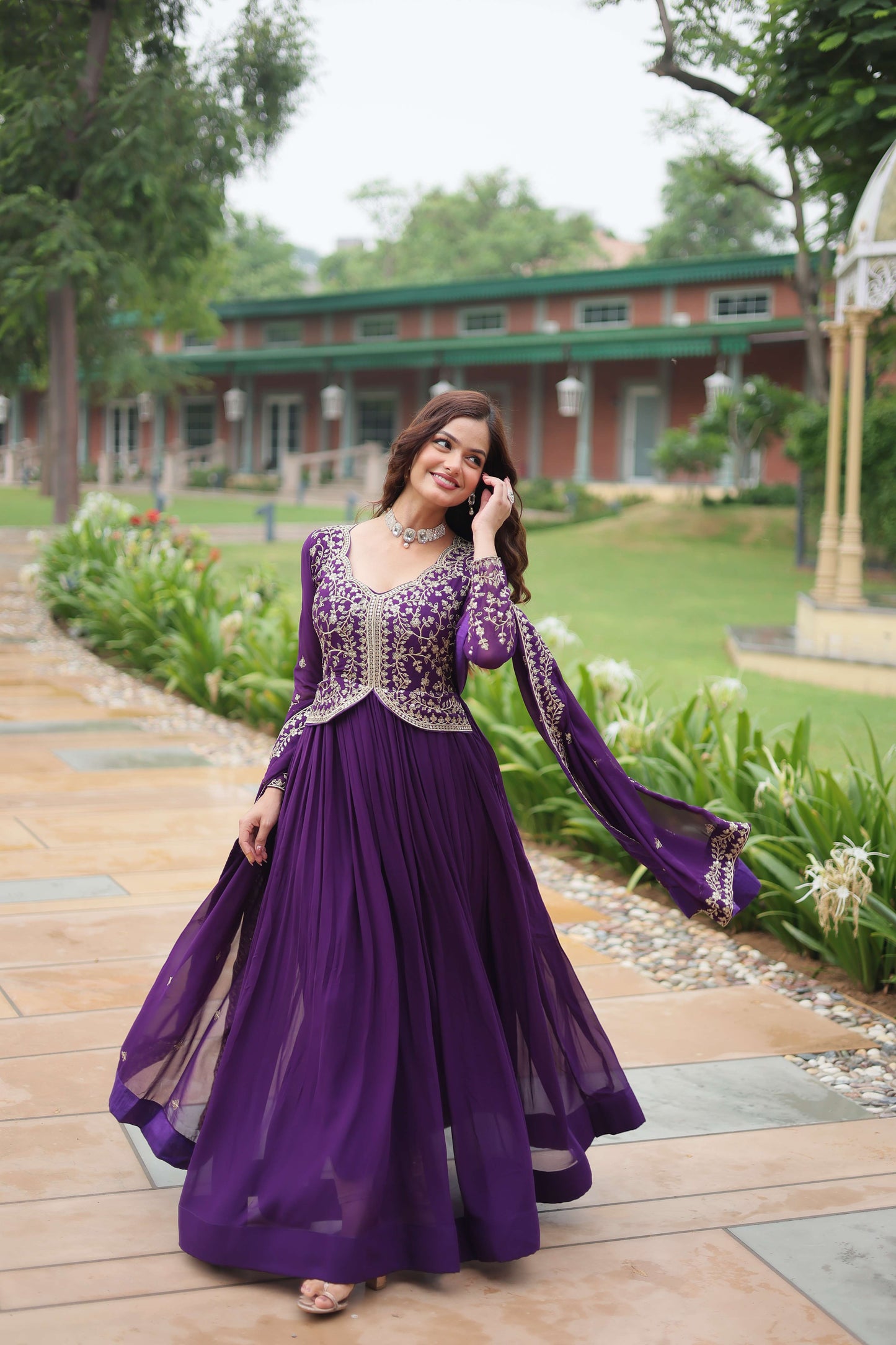 Purple Faux Blooming Sequins & Zari Embroidered Gown with Matching Dupatta