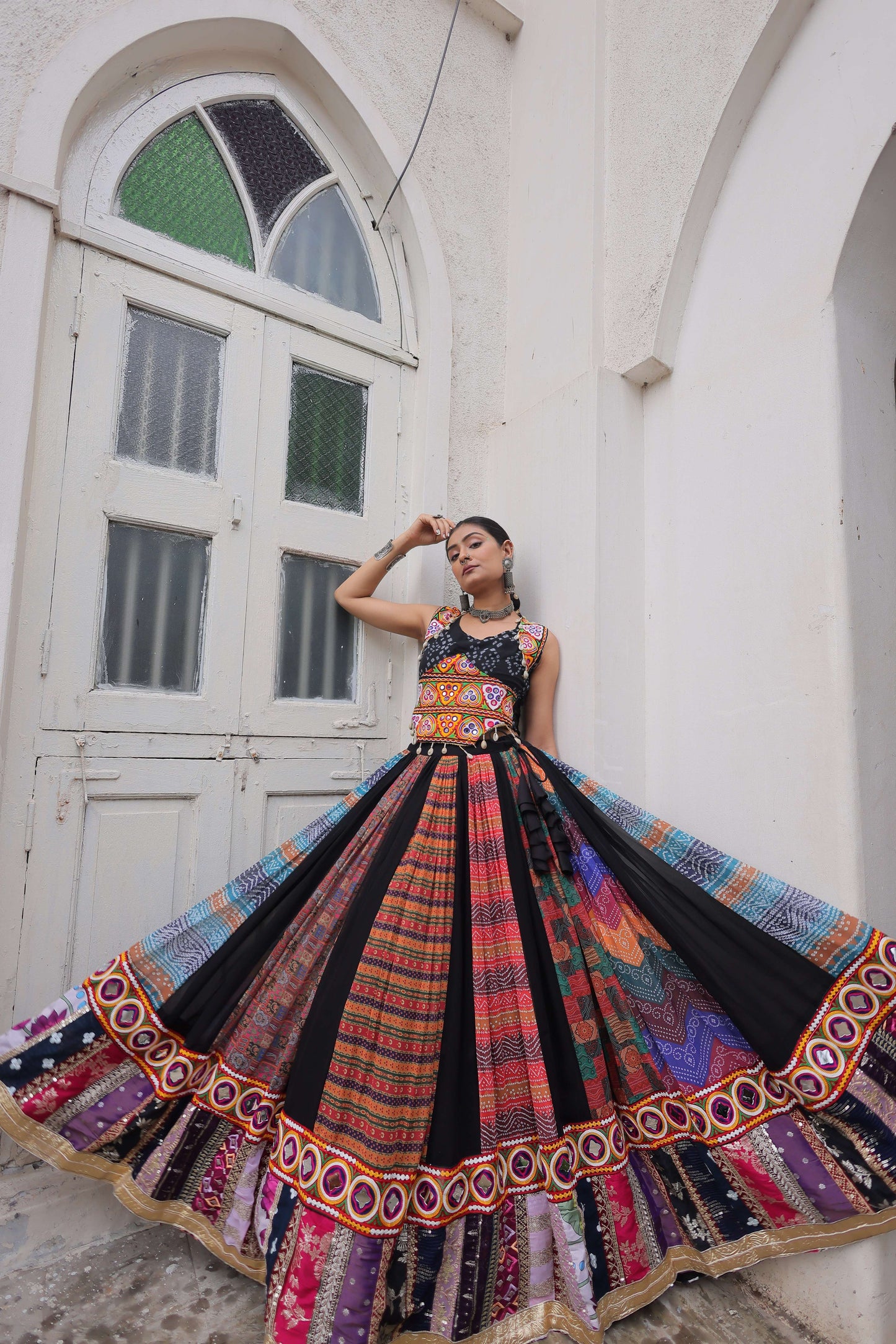 Georgette Printed Navratri Lehenga Choli Set with Sleeveless Top