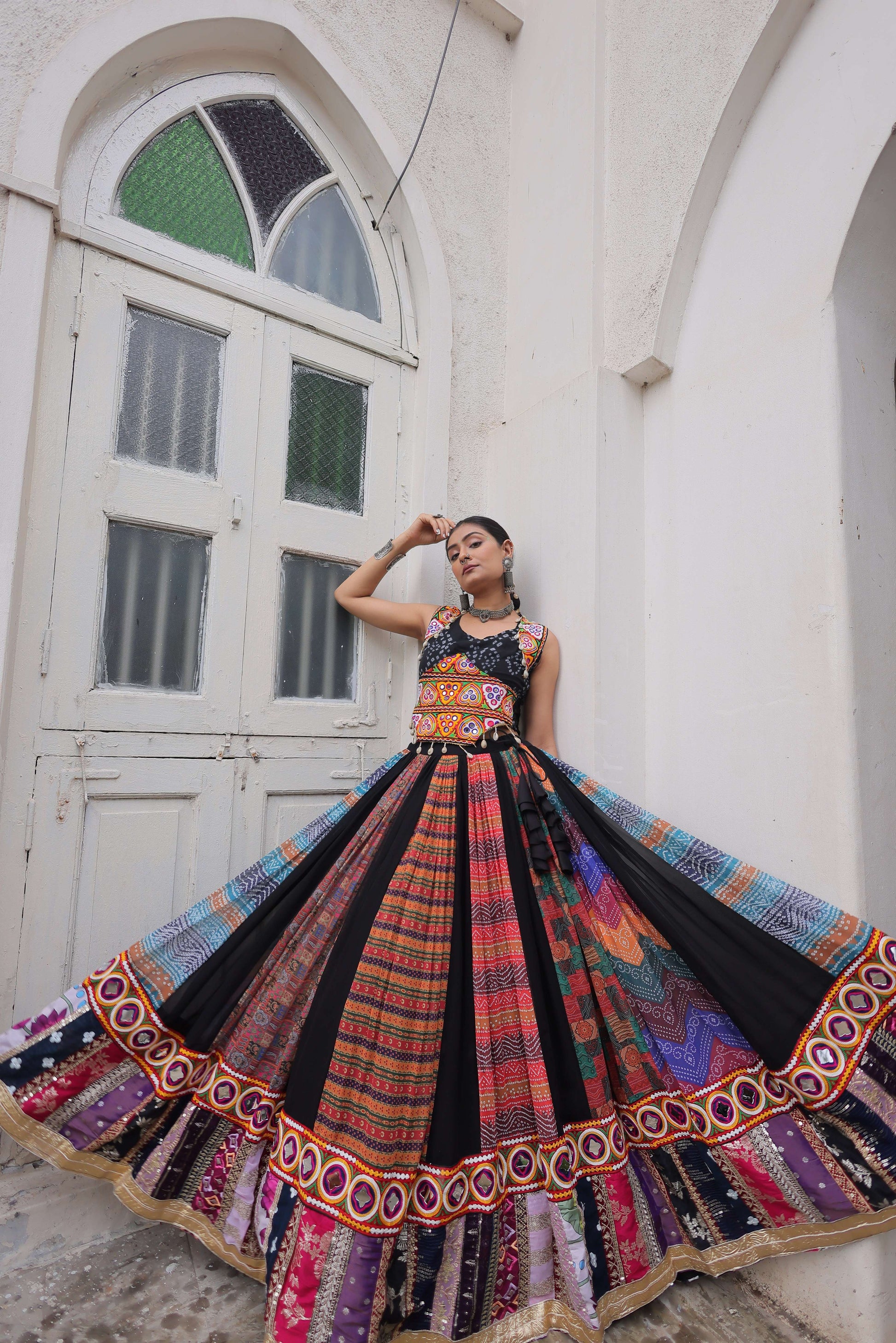 Georgette Printed Navratri Lehenga Choli Set with Sleeveless Top