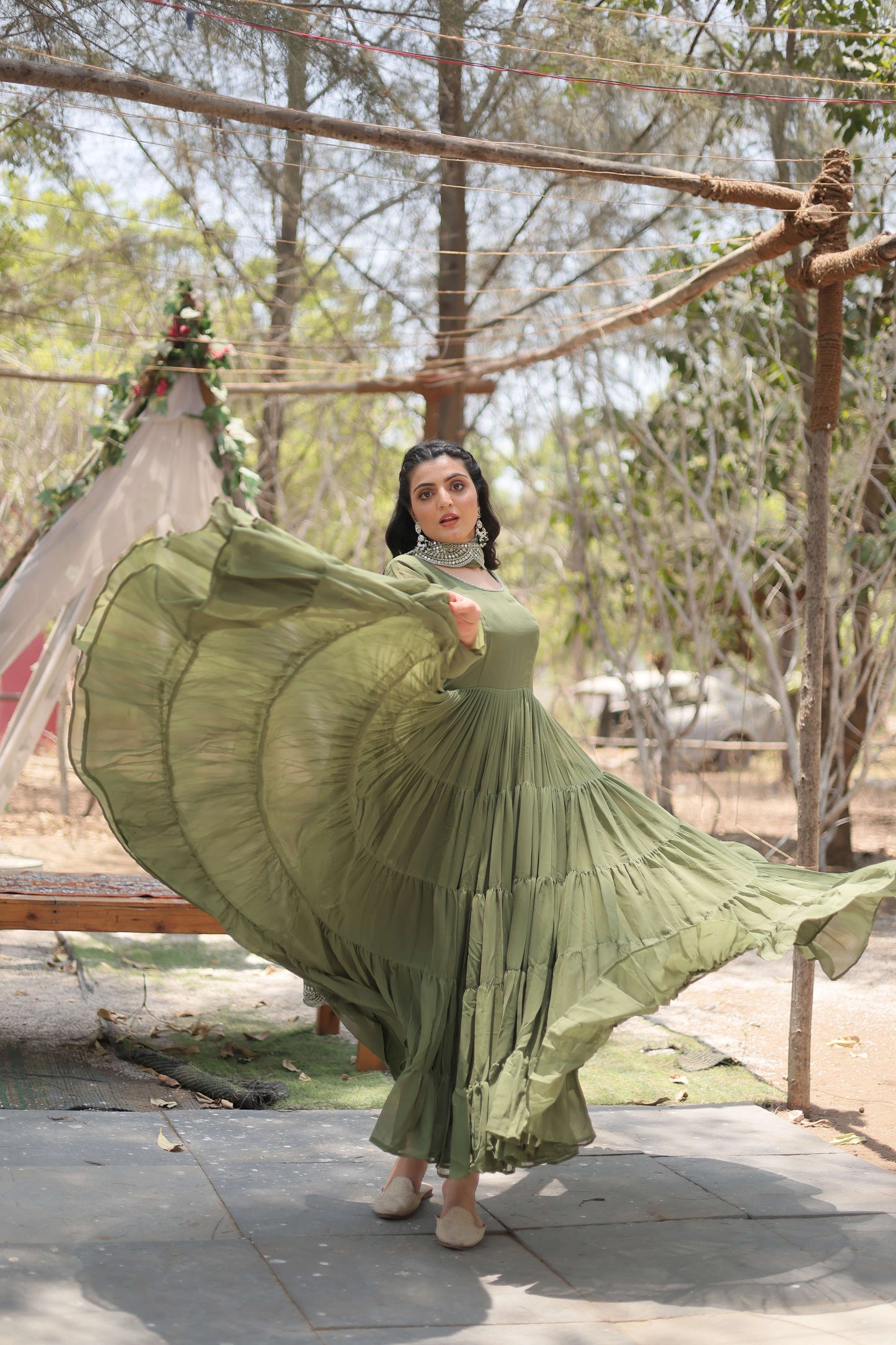 Mehandi Premium Faux Georgette Designer Gown with Sequined Dupatta  Fully Flaired Ready-to-Wear Set