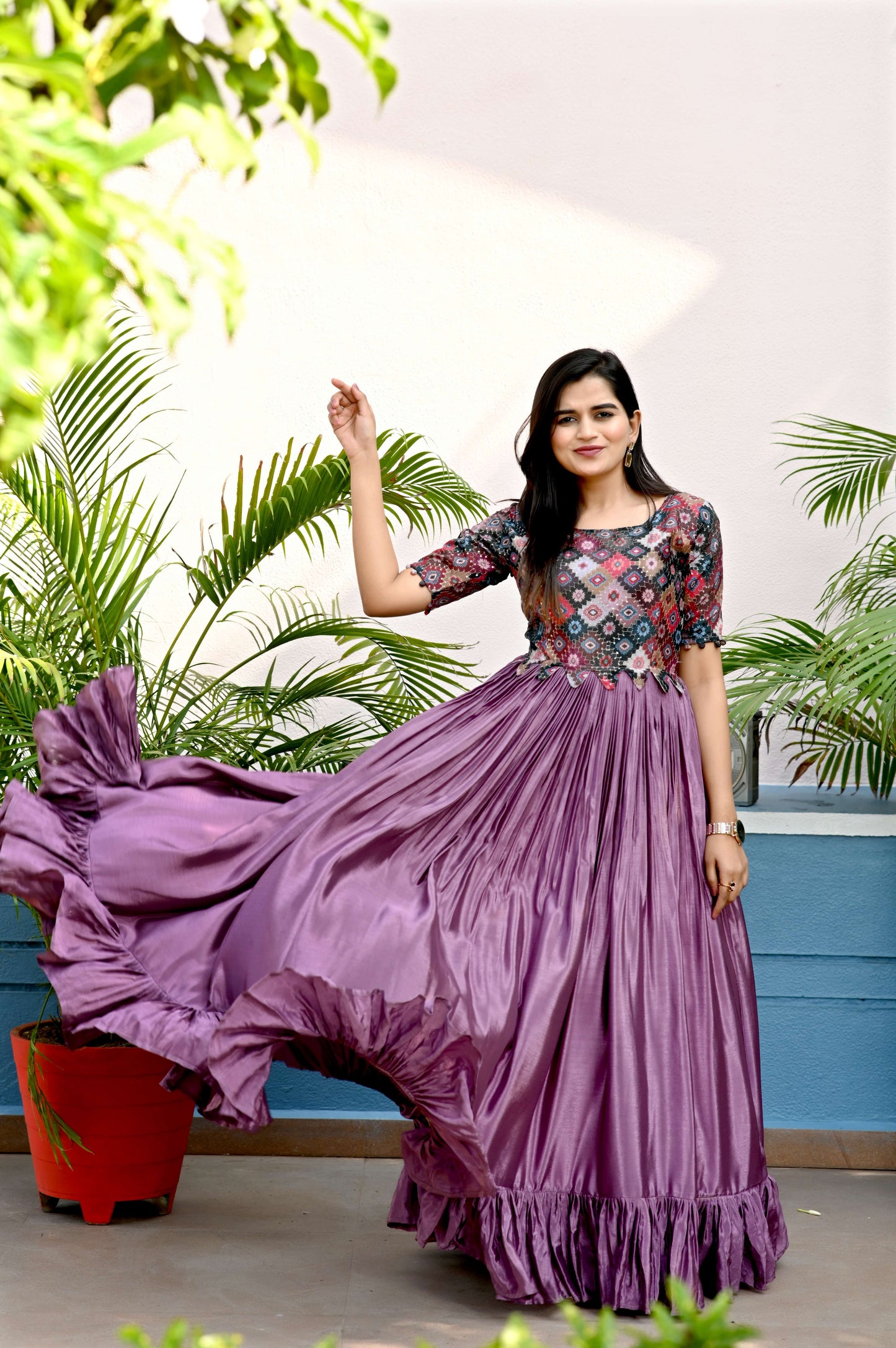 Purple Premium Chinnon Designer Gown with Sequins & Position Print  Elegant Ready-to-Wear Dress