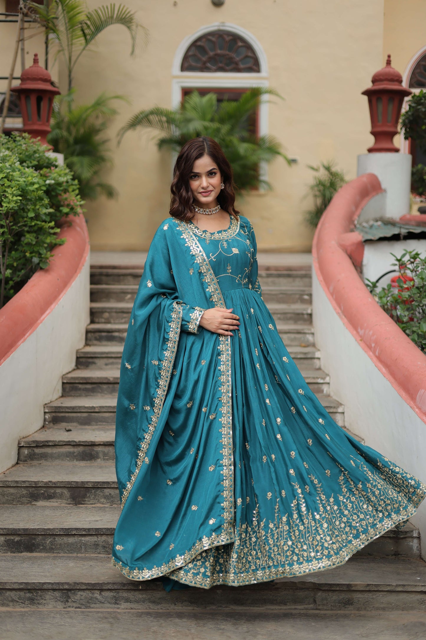 Blue Premium Chinon Sequins Embroidered Kurti with Sharara & Dupatta Set