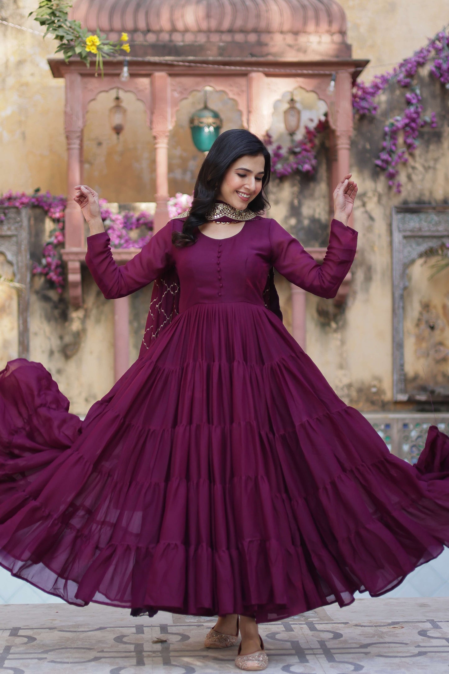 Wine Star Georgette Fully Flared Gown with Sequins Embroidered Dupatta