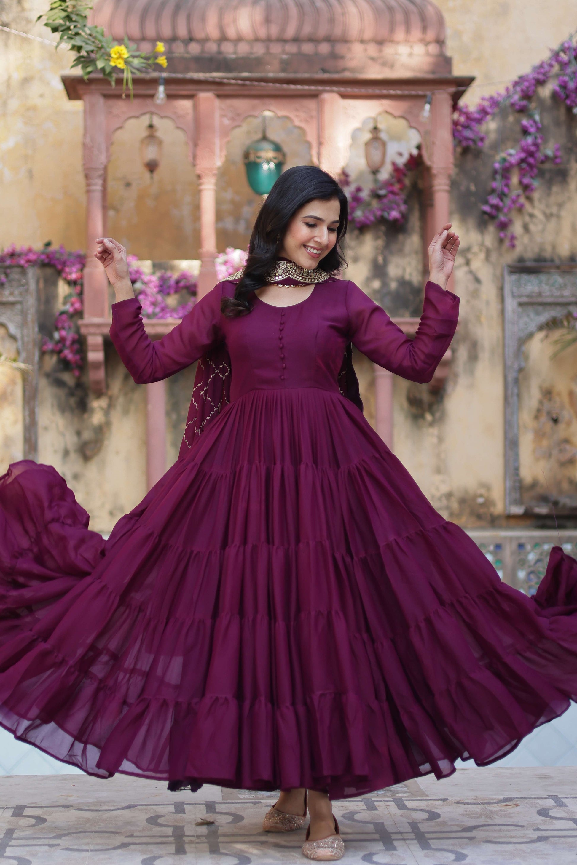 Wine Star Georgette Fully Flared Gown with Sequins Embroidered Dupatta