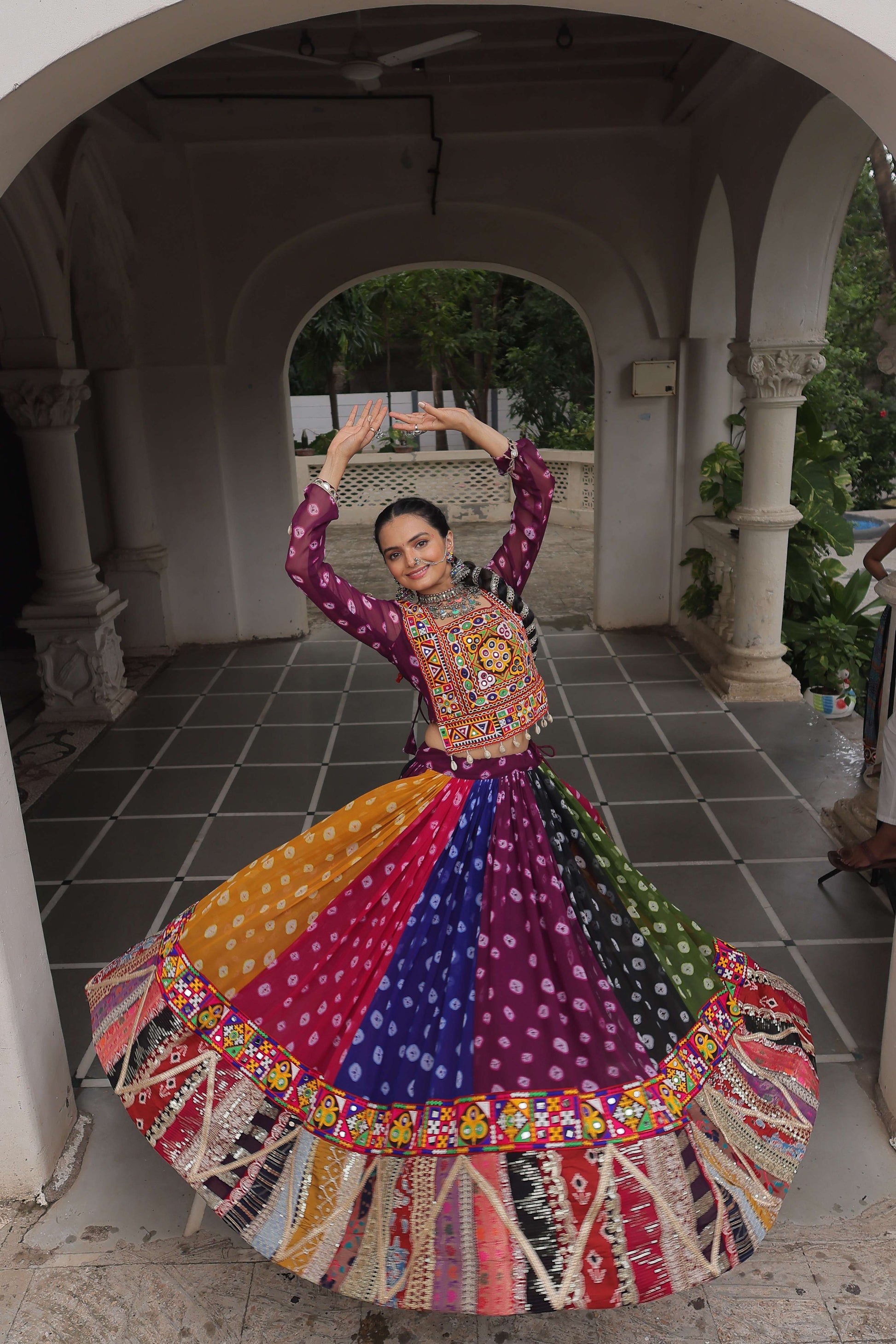 Georgette Print Navratri Lehenga Choli Set with Vintage Gamthi Embellishments