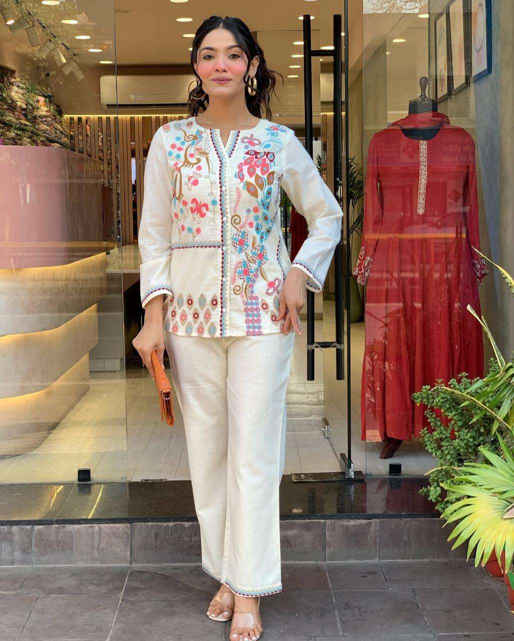 Women's Cotton Embroidery Straight Kurti With Pant Set