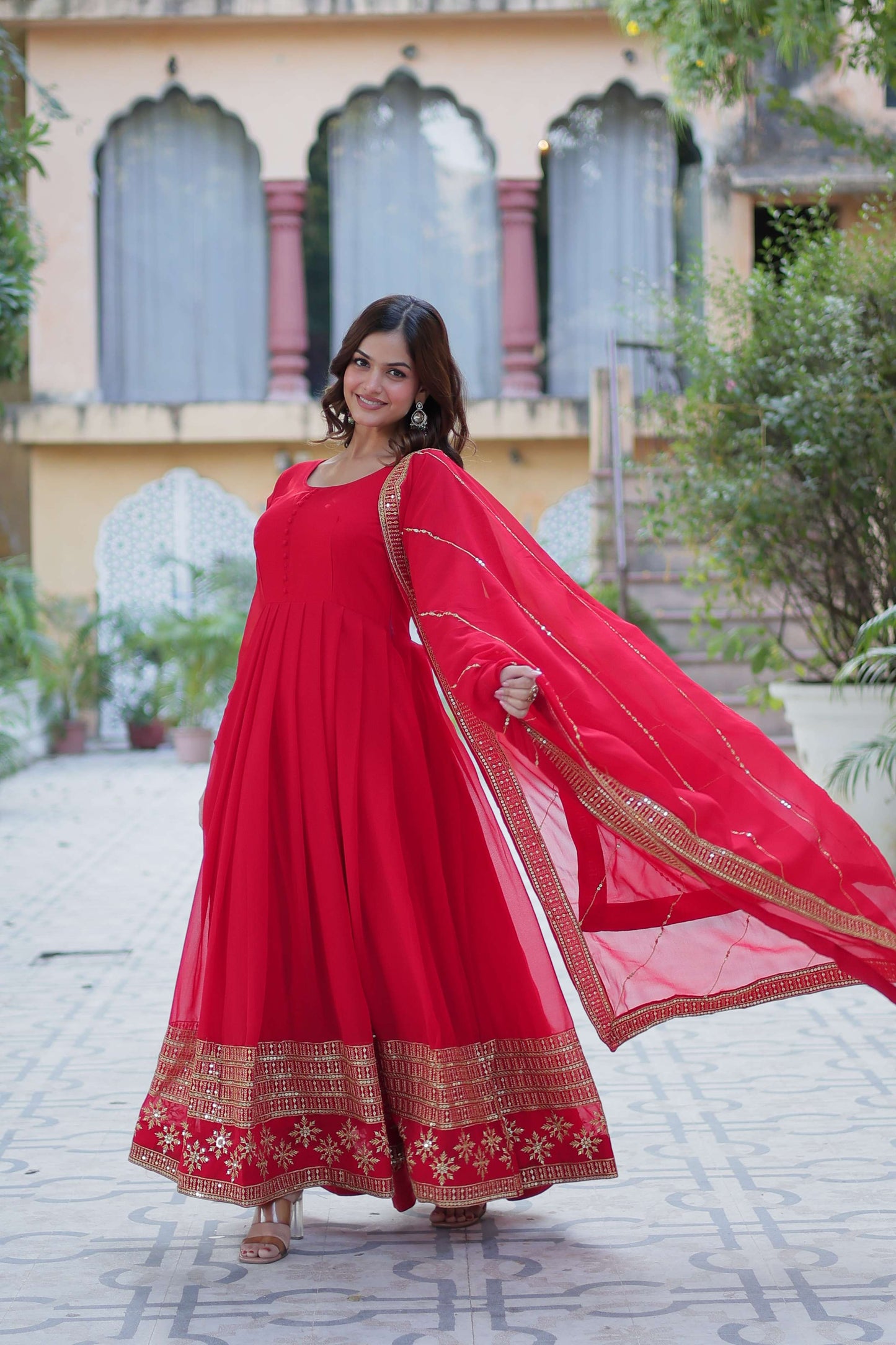 Red Faux Blooming Gown with Multi-Sequins Embroidered Dupatta