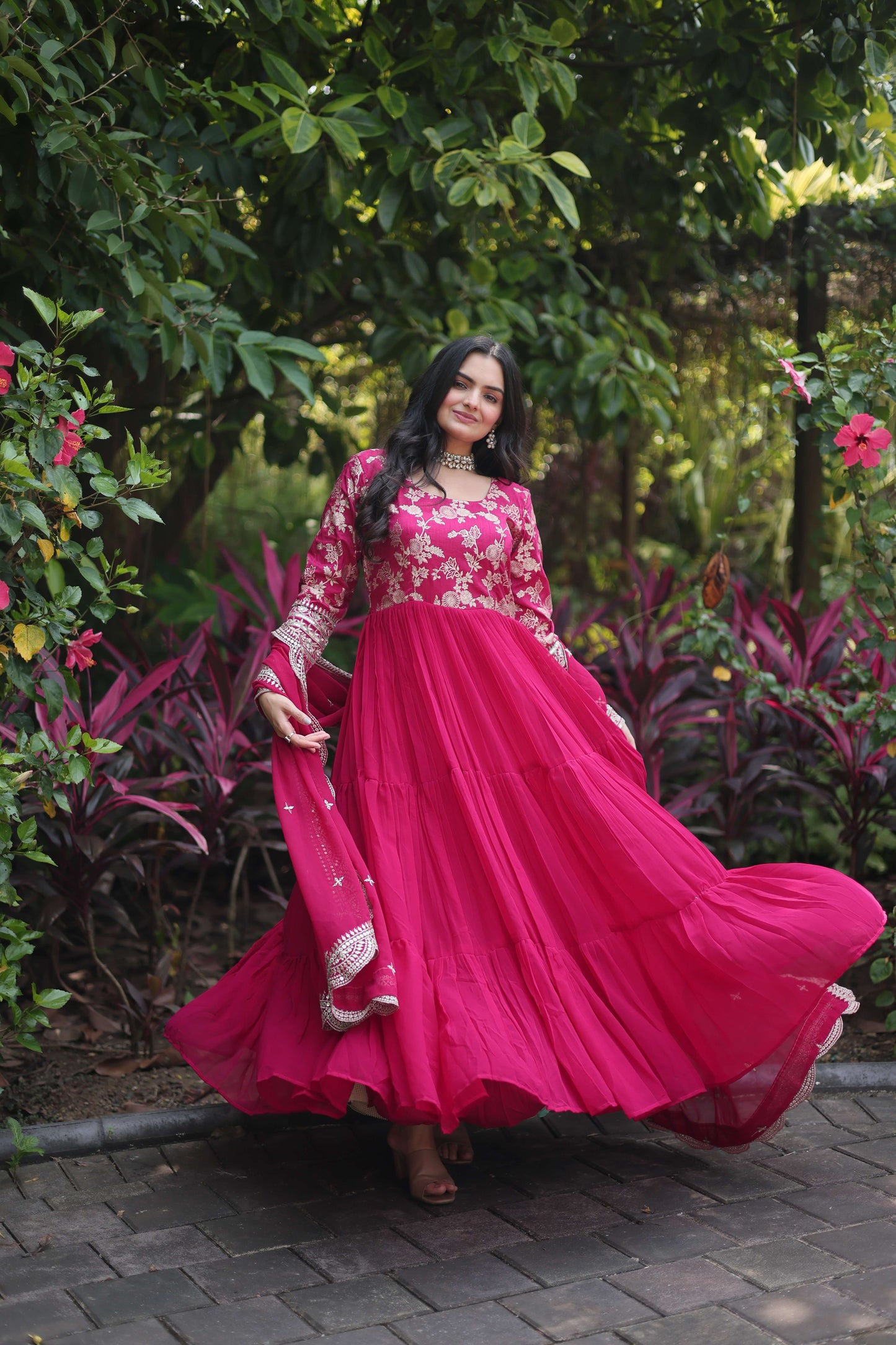 Pink Faux Blooming Designer Gown with Sequined Dupatta  Elegant Fully Flared Ready-to-Wear Set