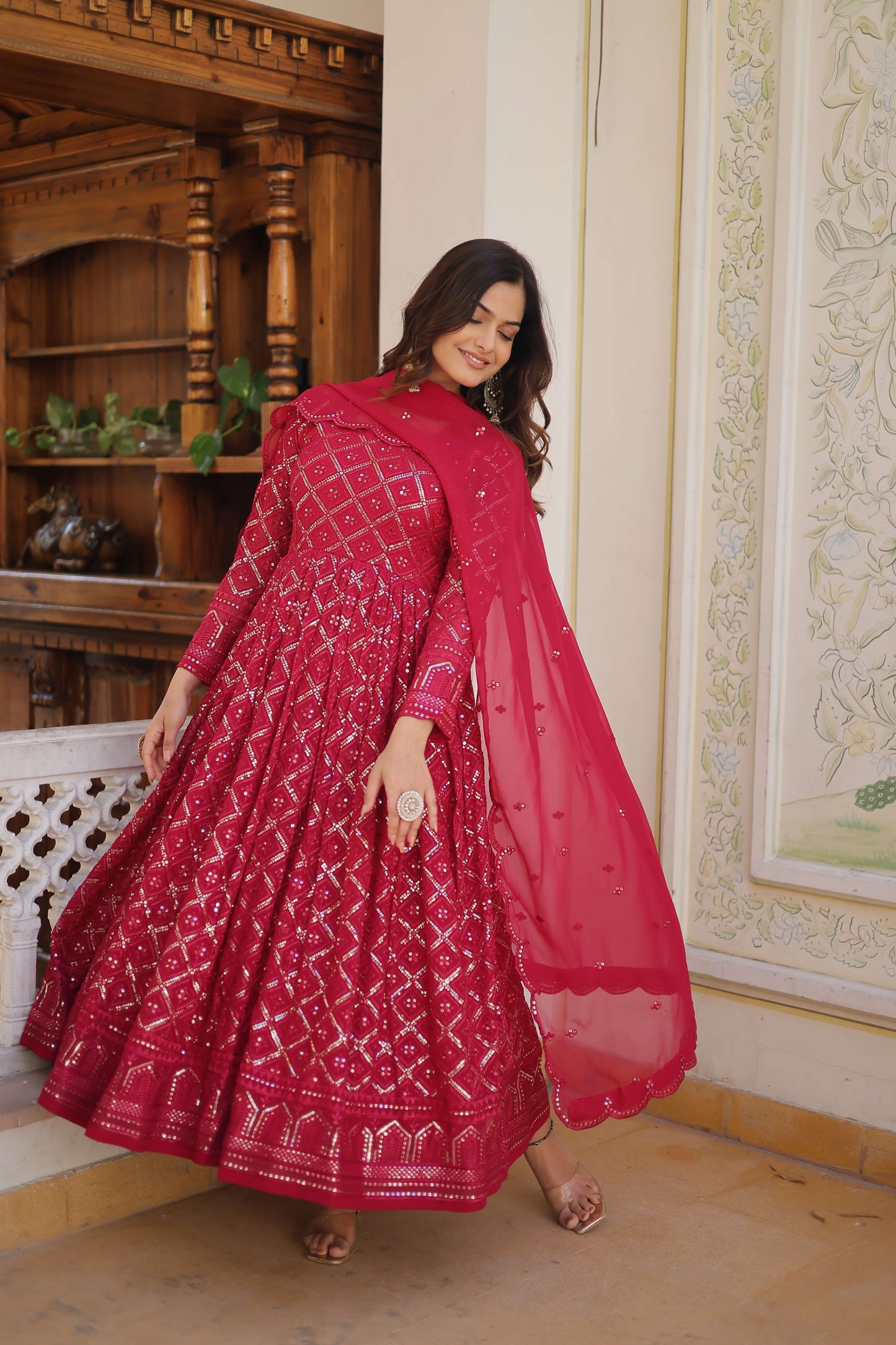 Rani Faux Blooming Designer Gown with Sequined Dupatta  Elegant Fully Flared Party & Wedding Set