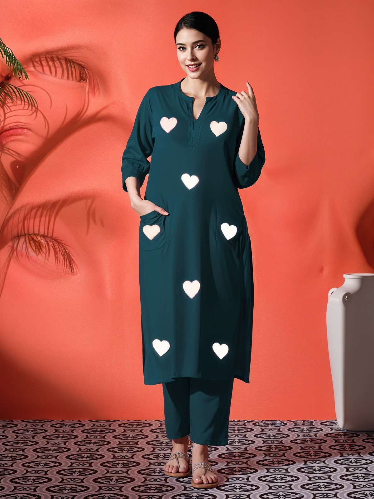 Women's Cotton Embroidered Straight Kurti With Pant Set