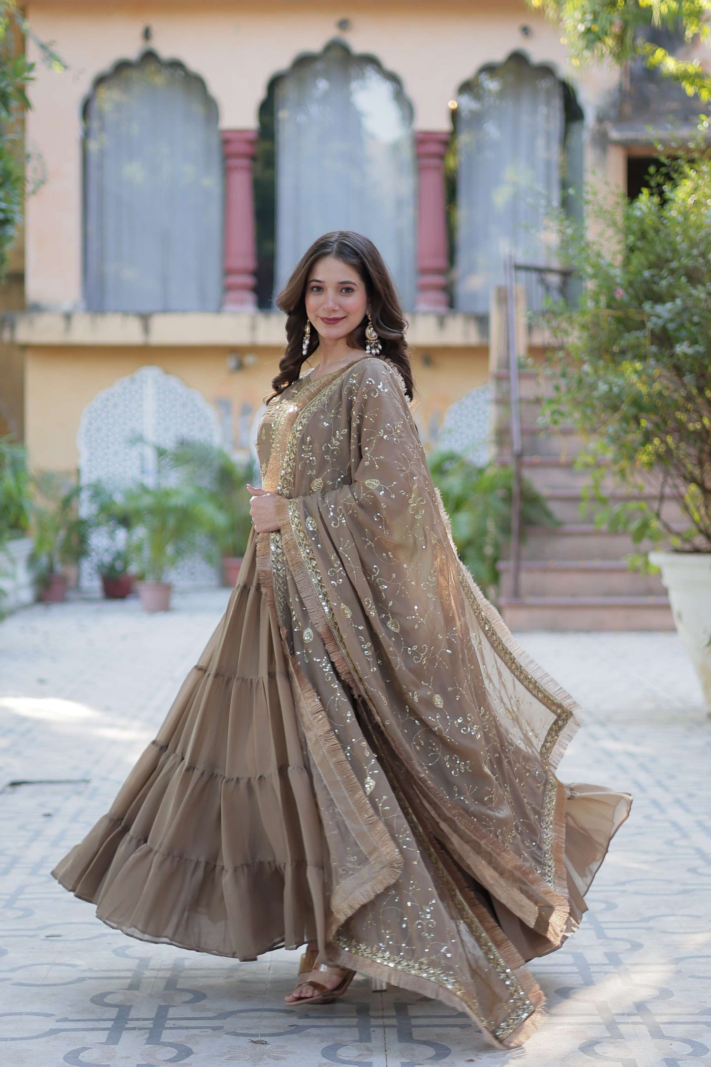 Beige Star Georgette Fully Flared Gown with Sequins Embroidered Dupatta & Lace Border