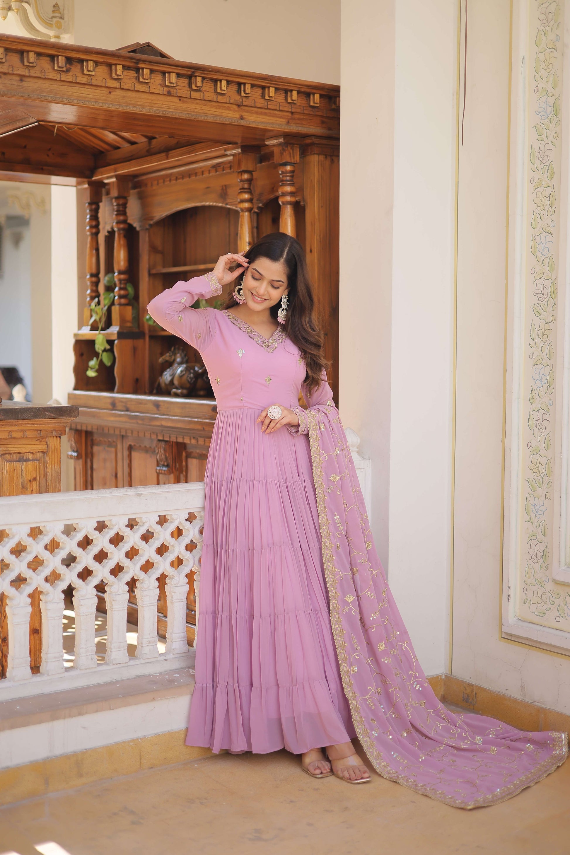Purple Faux Georgette Designer Gown with Sequined Dupatta  Fully Flared Elegant Ready-to-Wear Set