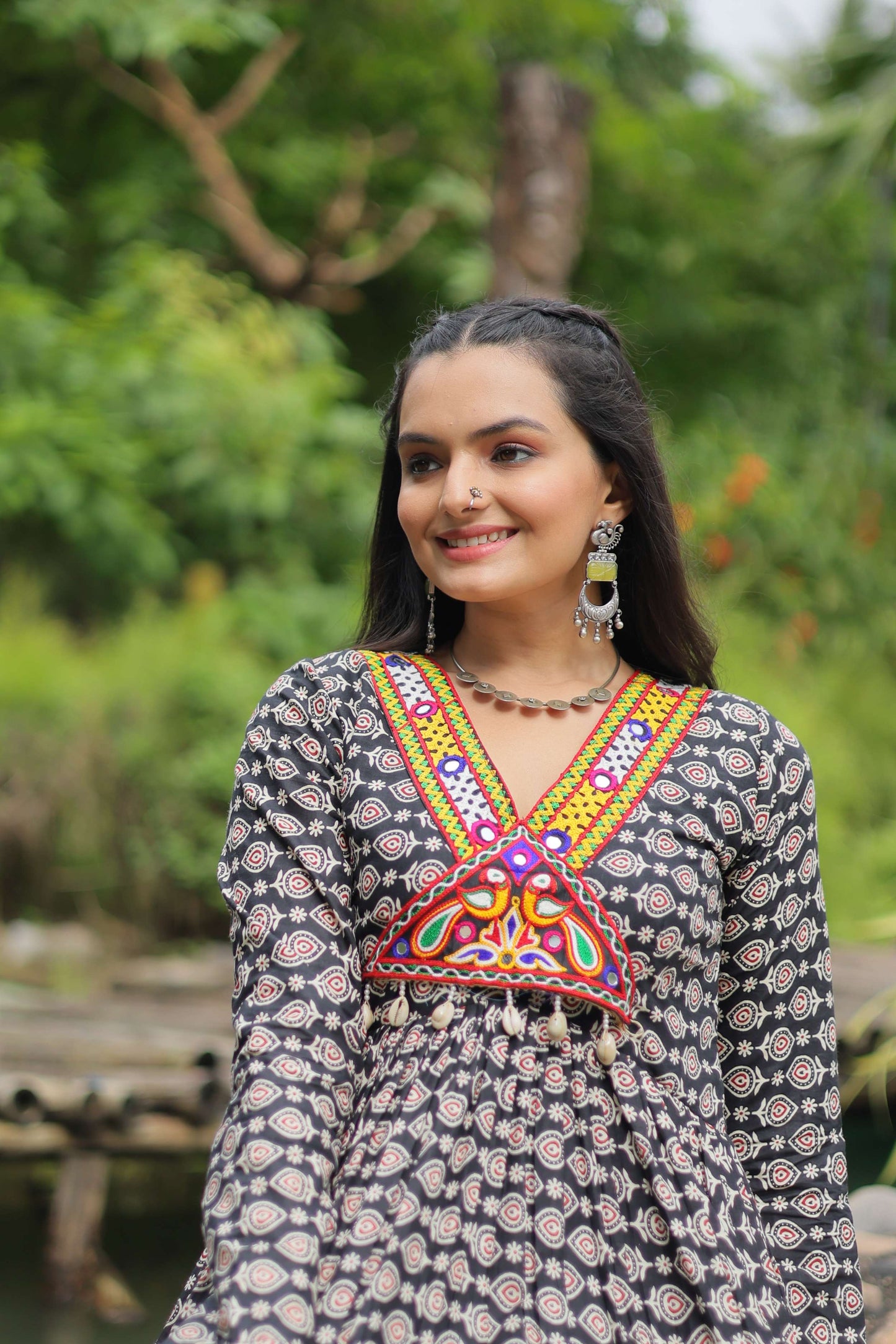 Black Designer Printed Cotton Gown with Kutchi Gamthi Lace & Kodi Work