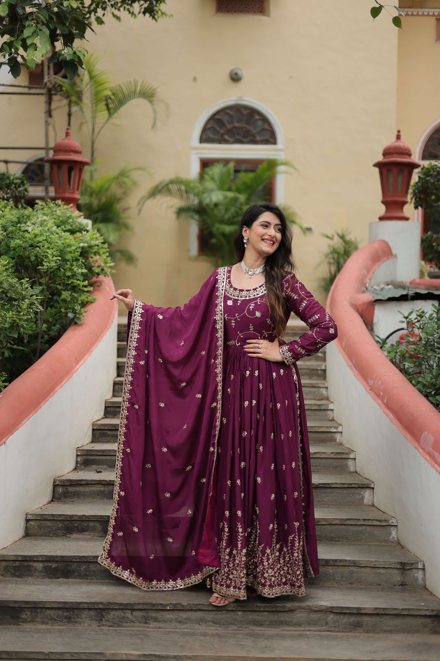 Wine Premium Chinon Sequins Embroidered Kurti with Sharara & Dupatta Set