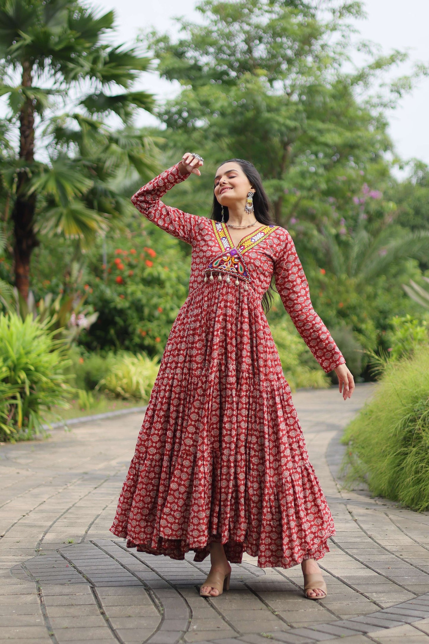Maroon Designer Printed Cotton Gown with Kutchi Gamthi Lace & Kodi Work