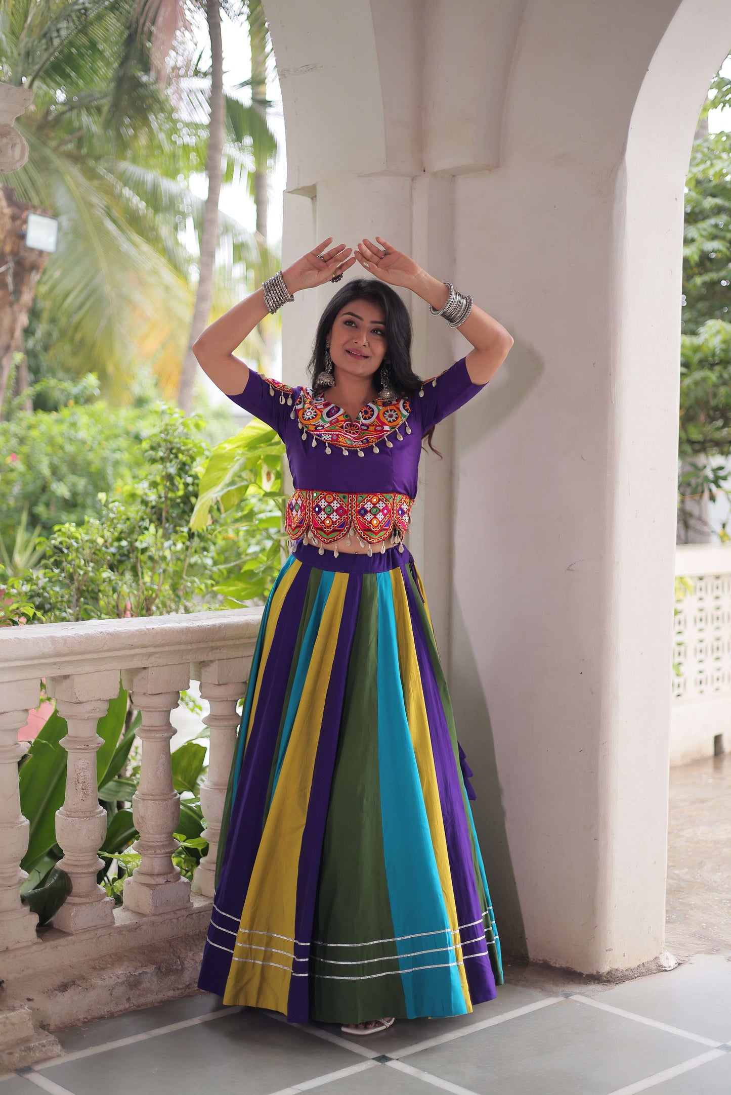 Multicolor Roman Fabric Navratri Lehenga Choli Set with Mirror & Gota Lace
