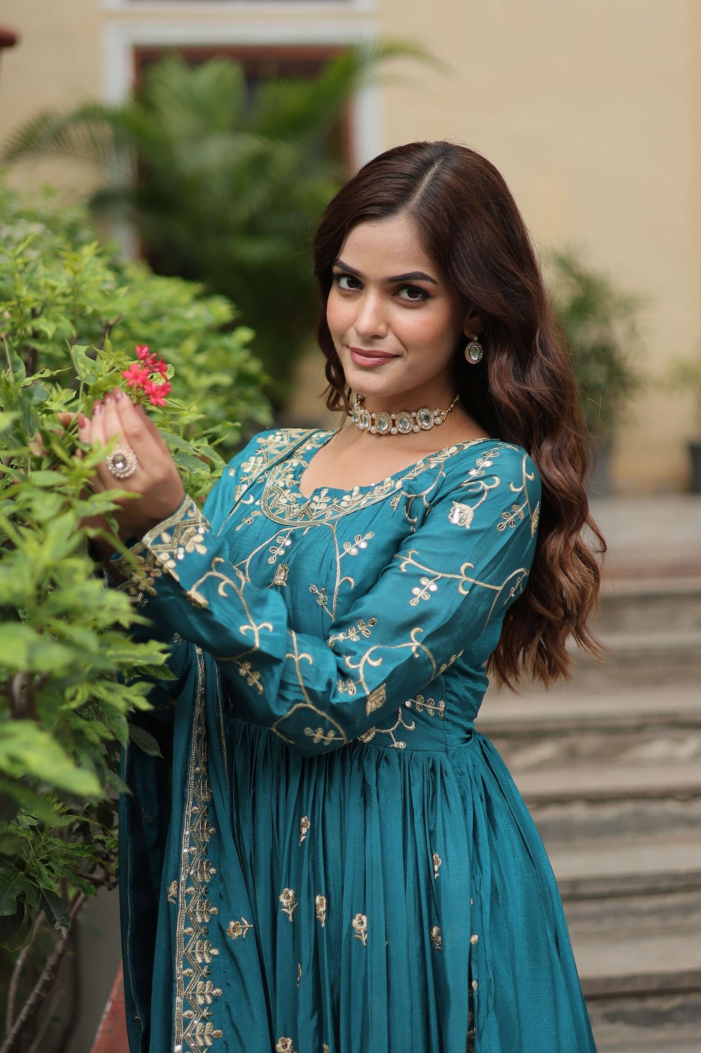 Blue Premium Chinon Sequins Embroidered Kurti with Sharara & Dupatta Set