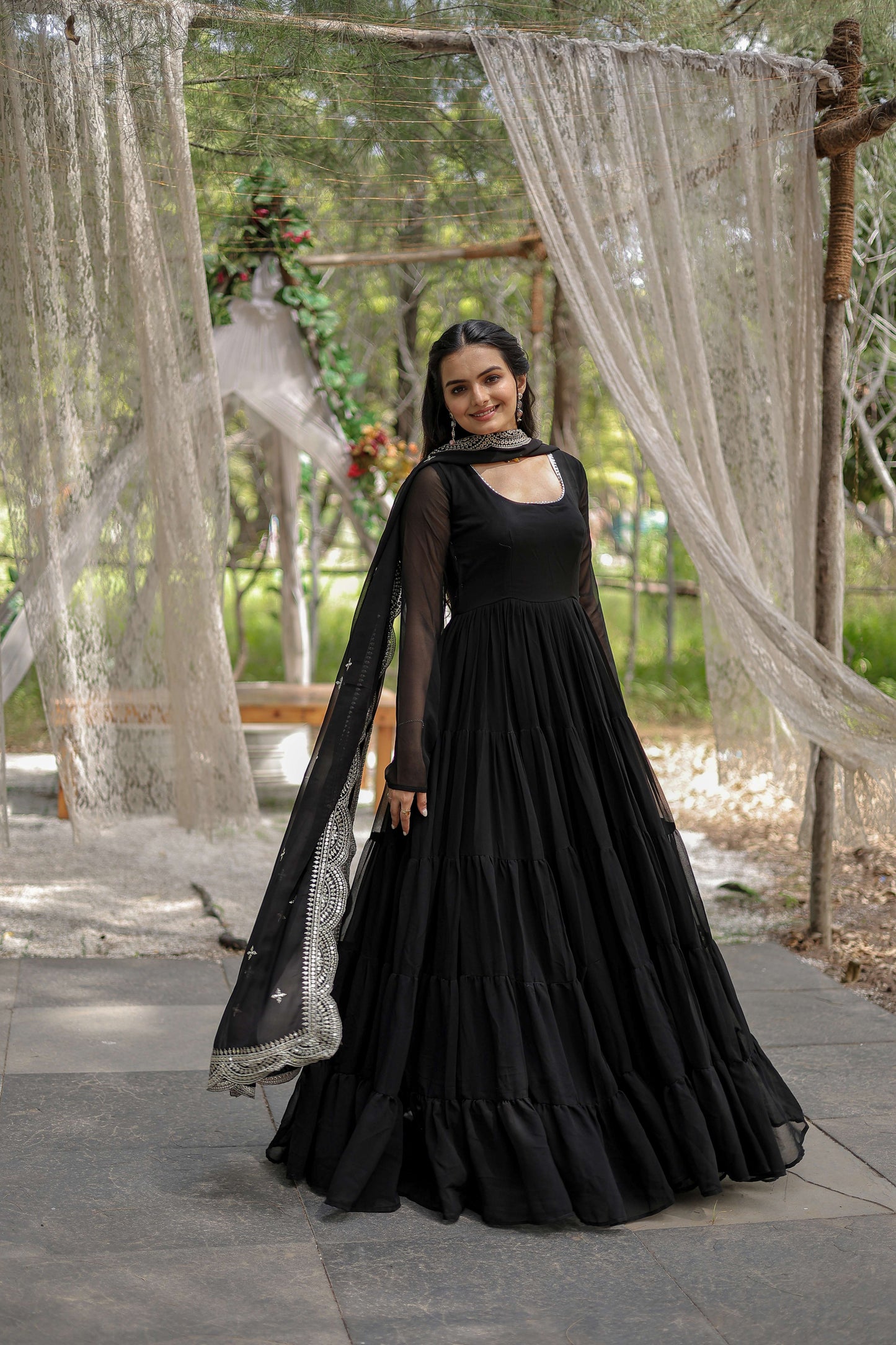 Black Premium Faux Georgette Designer Gown with Sequined Dupatta  Fully Flaired Ready-to-Wear Set