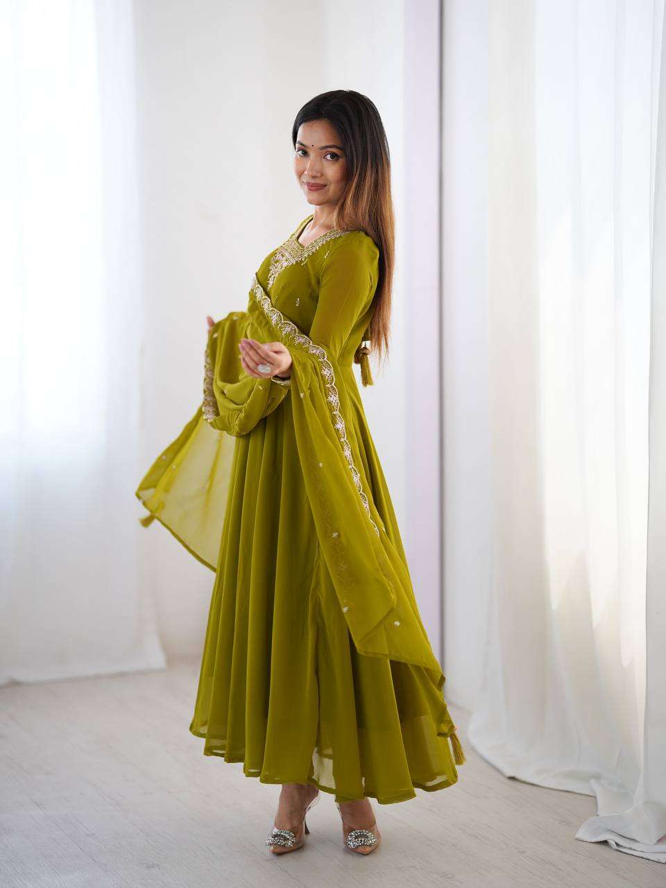 Womens Crunchy Silk Anarkali Kurti with Pant & Dupatta Set