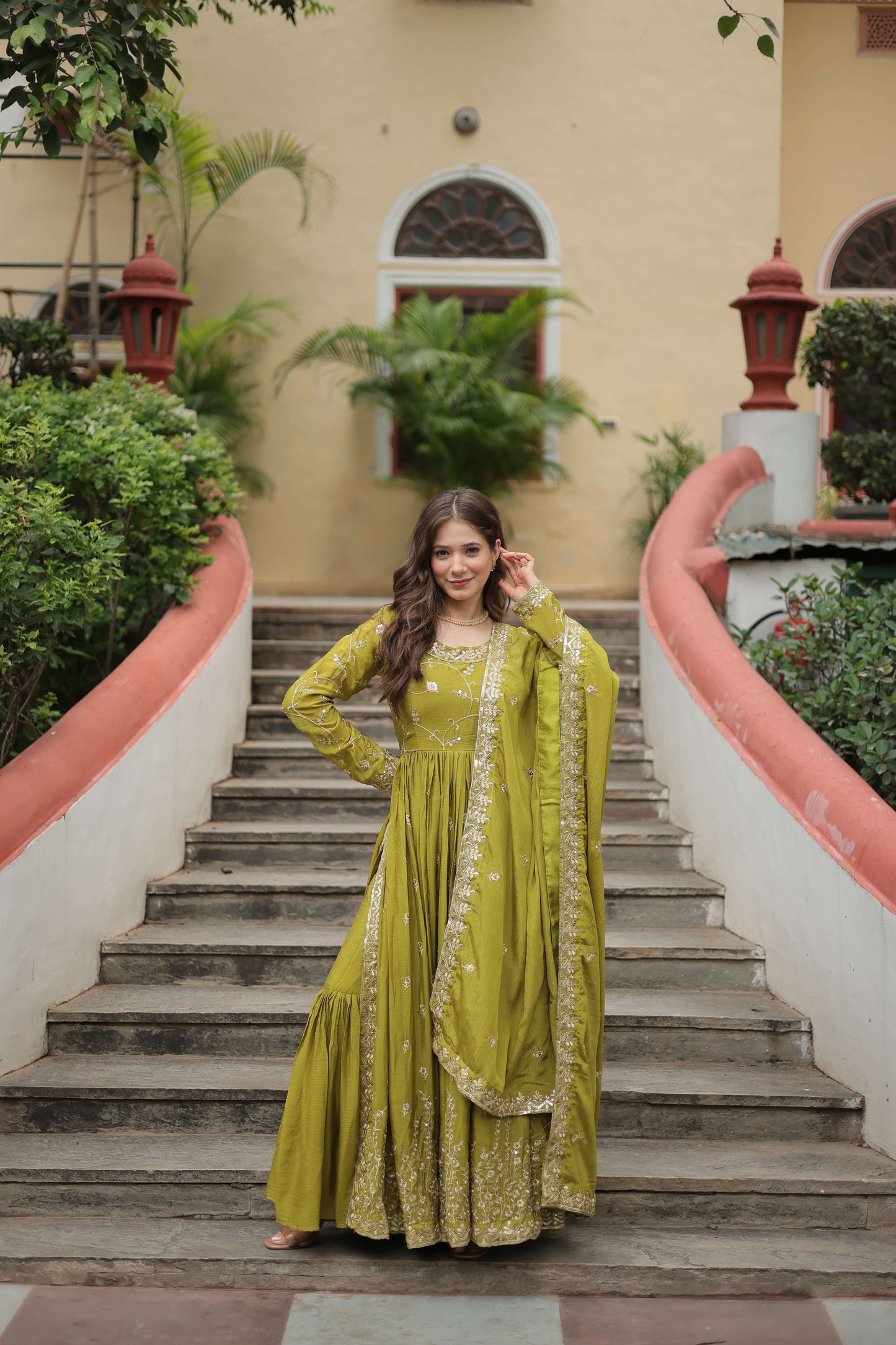 Pista Premium Chinon Sequins Embroidered Kurti with Sharara & Dupatta Set