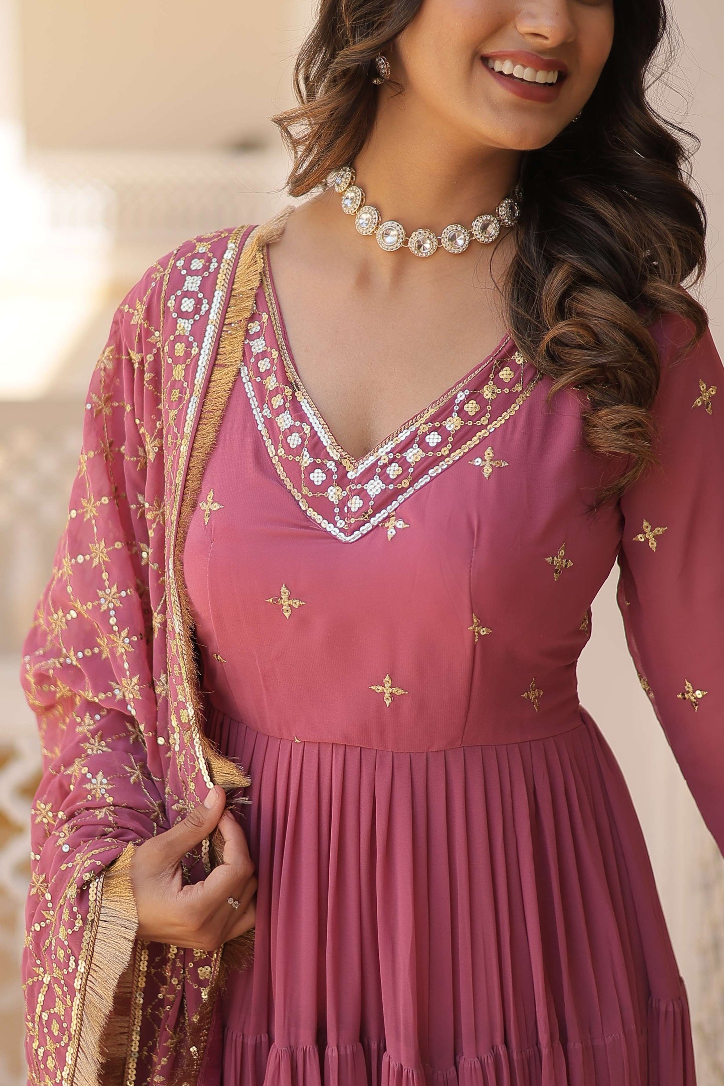 Onion Designer Faux Georgette Gown with Sequined Dupatta  Elegant Festive & Party Wear Set