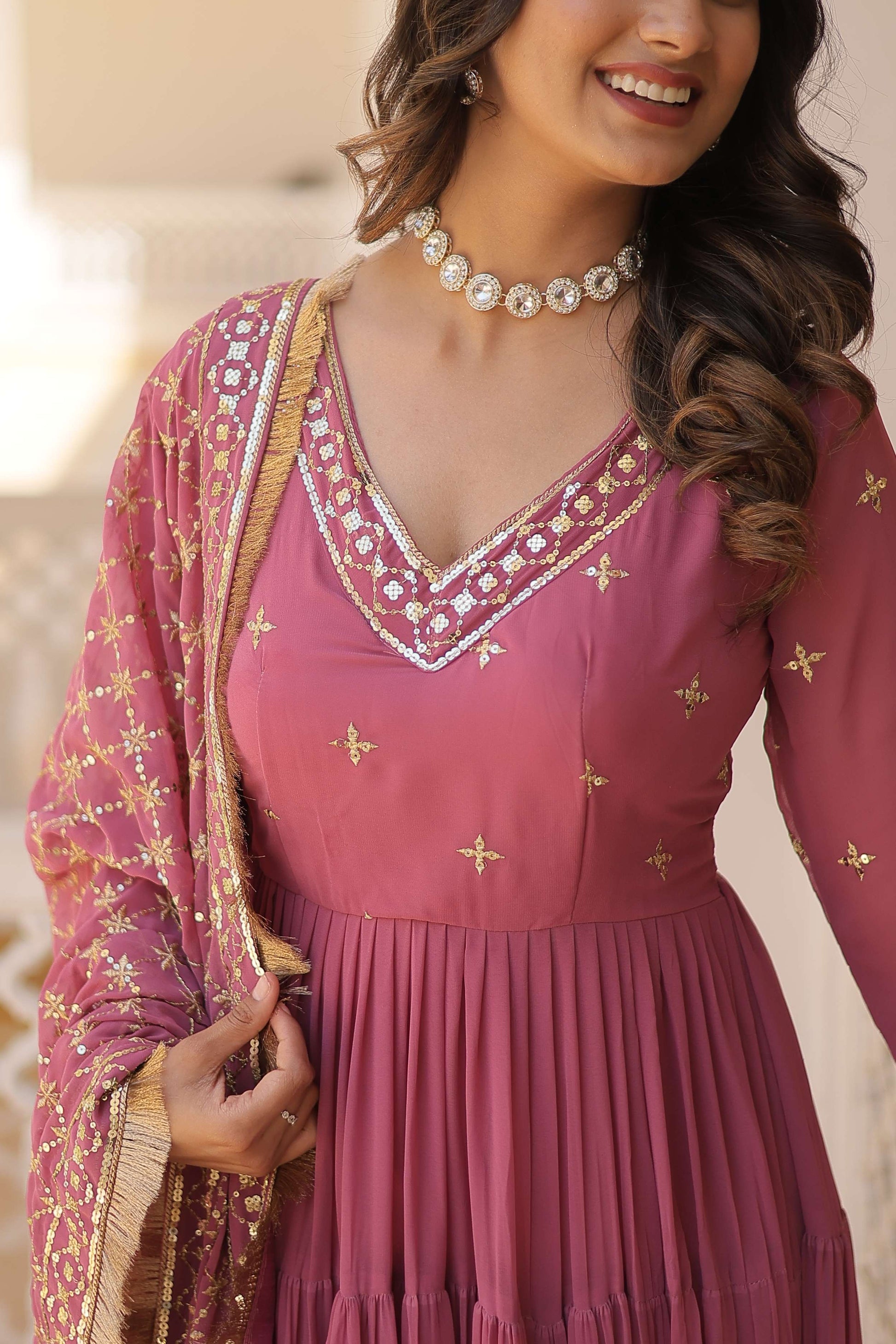 Onion Designer Faux Georgette Gown with Sequined Dupatta  Elegant Festive & Party Wear Set