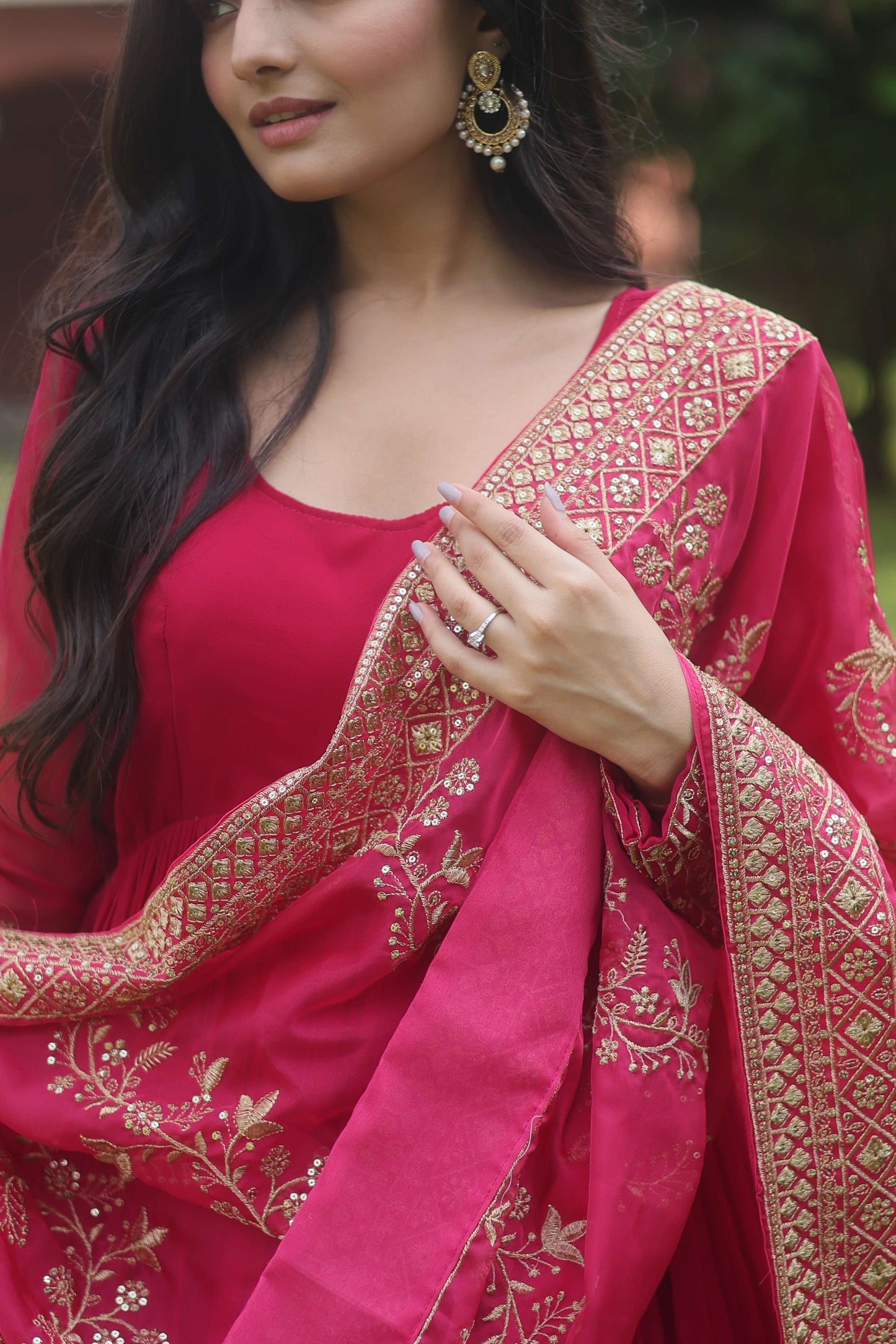 Pink Faux Blooming Designer Gown with Sequined Dupatta  Elegant Fully Flared Party & Wedding Set