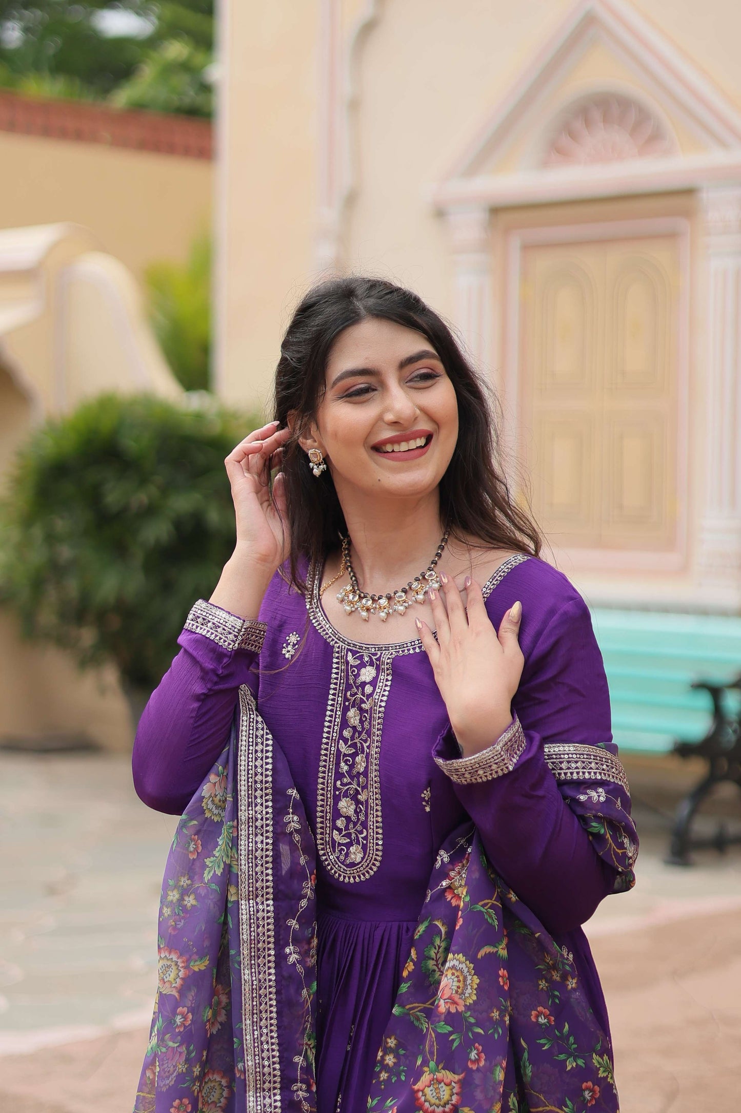 Purple Designer Chinon Sequins Embroidered Gown with Kalamkari Silk Dupatta