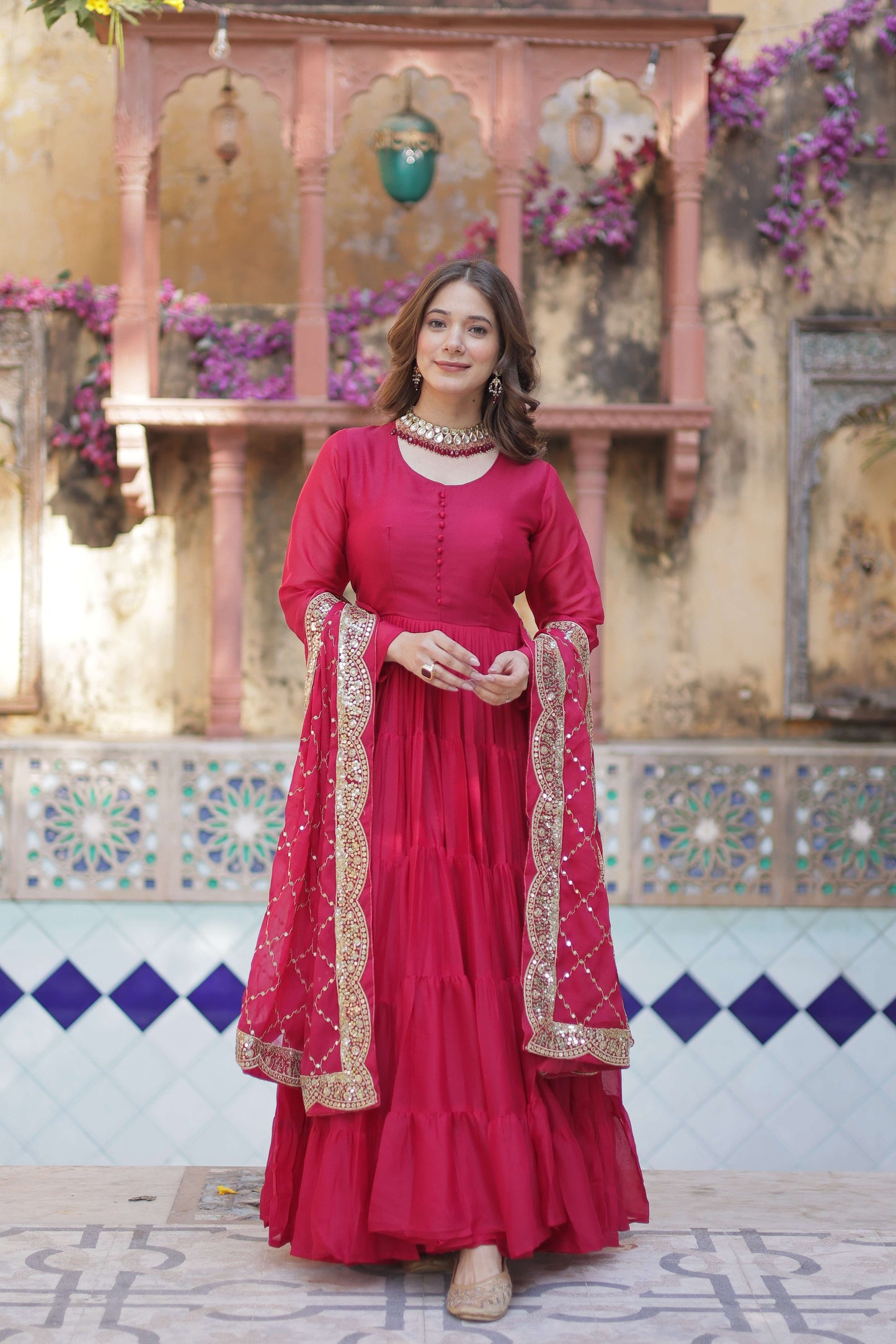 Pink Star Georgette Fully Flared Gown with Sequins Embroidered Dupatta