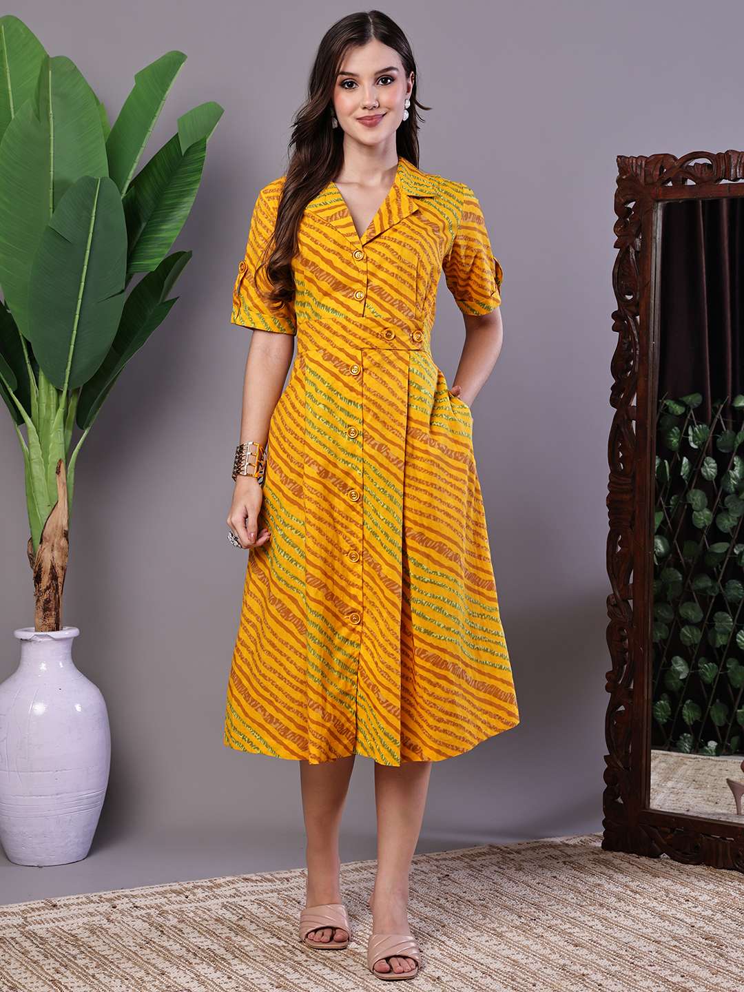Women's Yellow Printed Cotton Shirt Dress