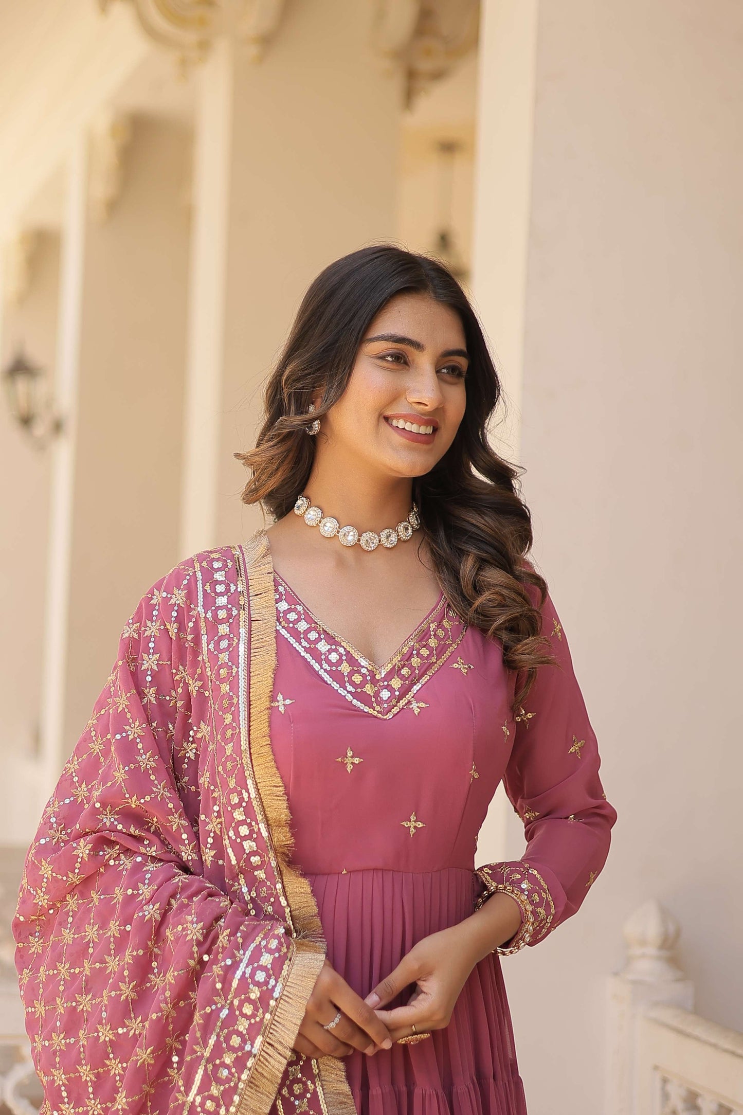 Onion Designer Faux Georgette Gown with Sequined Dupatta  Elegant Festive & Party Wear Set