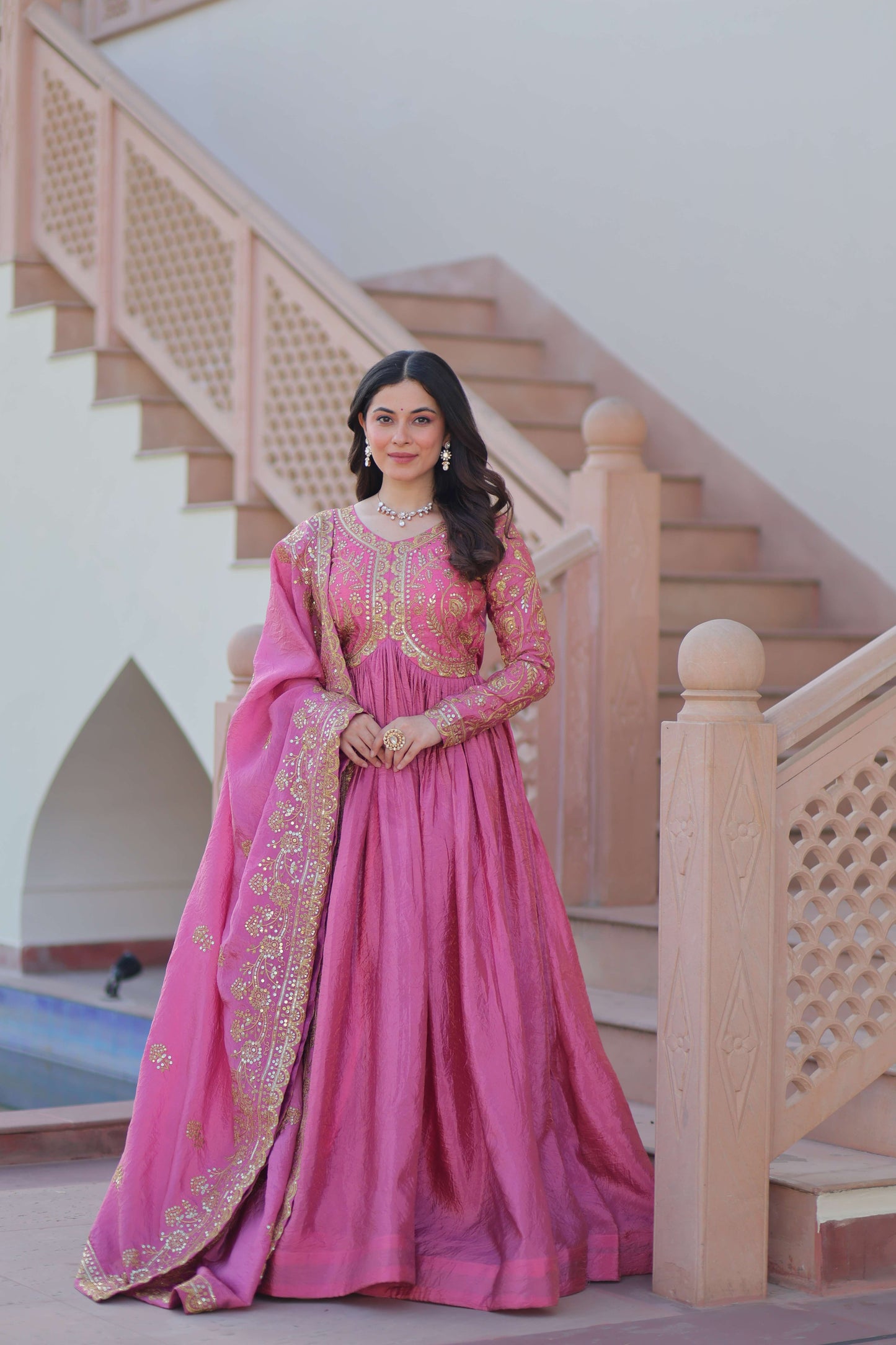 Pink Premium Gold Crush Sequins & Multi-Embroidered Gown with Dupatta – Partywear