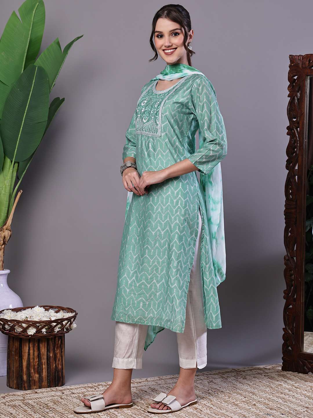 Women's Mint Green Chanderi Embroidered Kurta Set with Dupatta Suit Sets