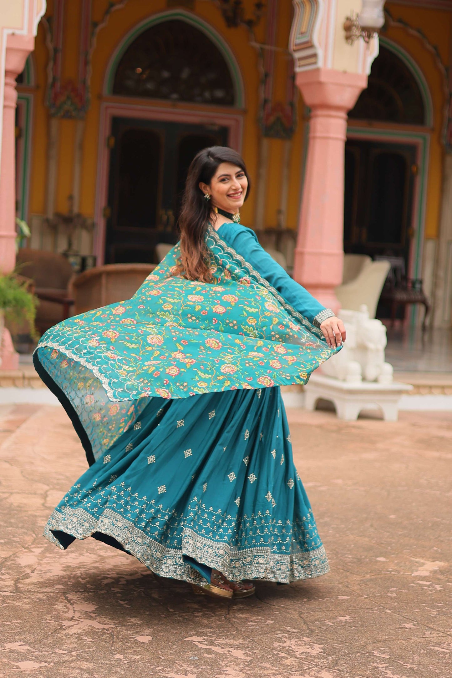 Rama Designer Chinon Sequins Embroidered Gown with Kalamkari Silk Dupatta