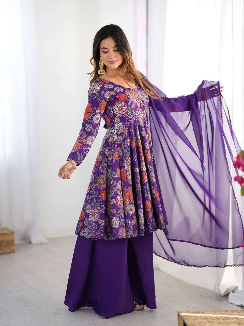Women's Pure Romansilk Chanderi Printed Anarkali Kurti With Palazzo & Dupatta Set
