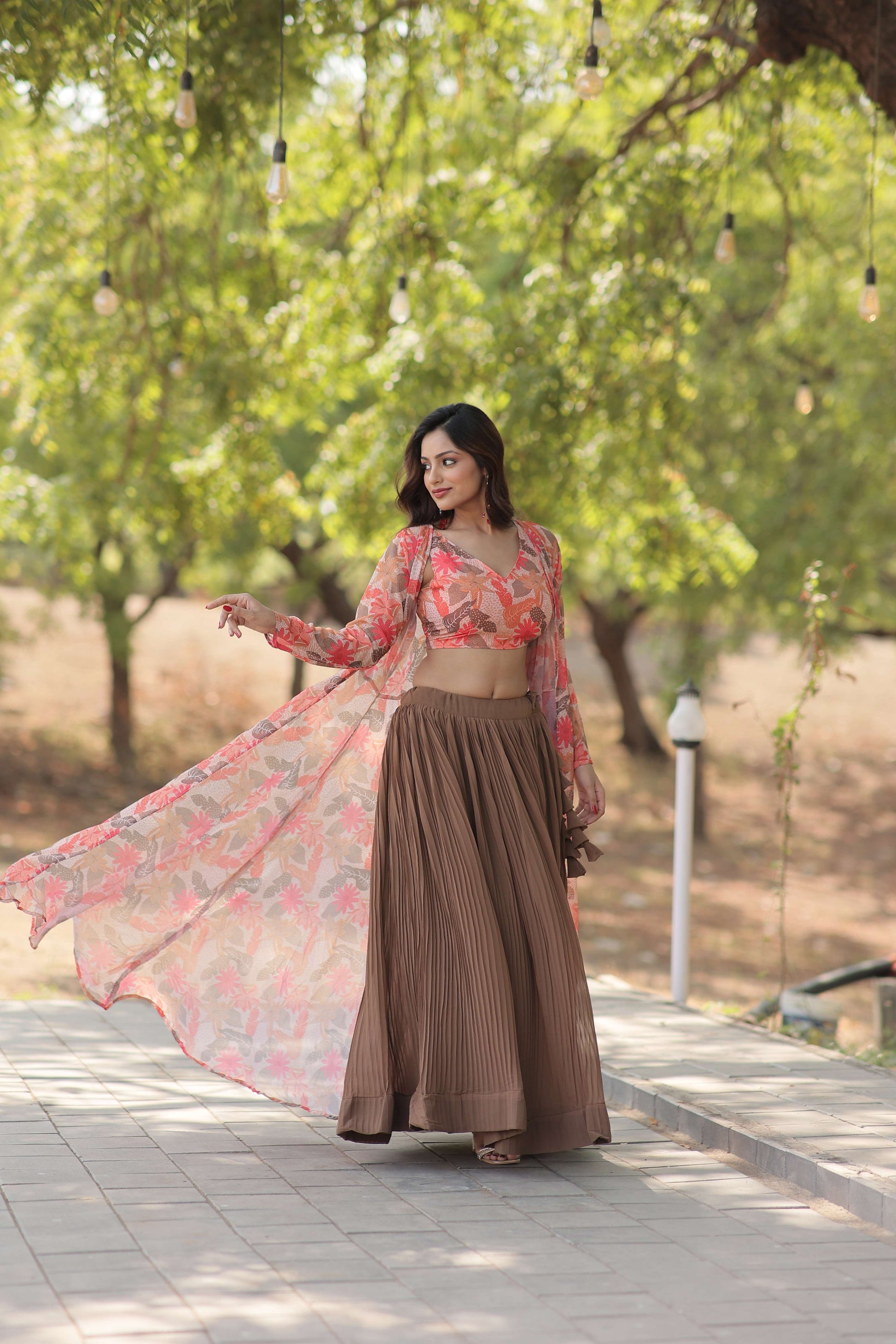 Faux Georgette Lehenga Choli with Digital Flower Print Shrug