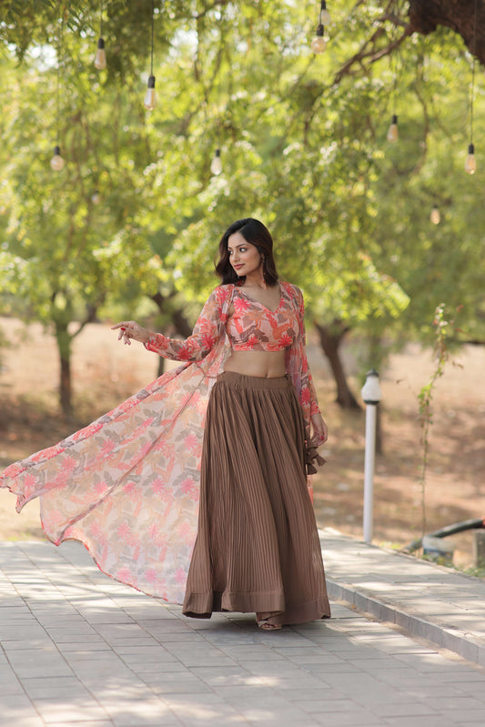 Faux Georgette Lehenga Choli with Digital Flower Print Shrug