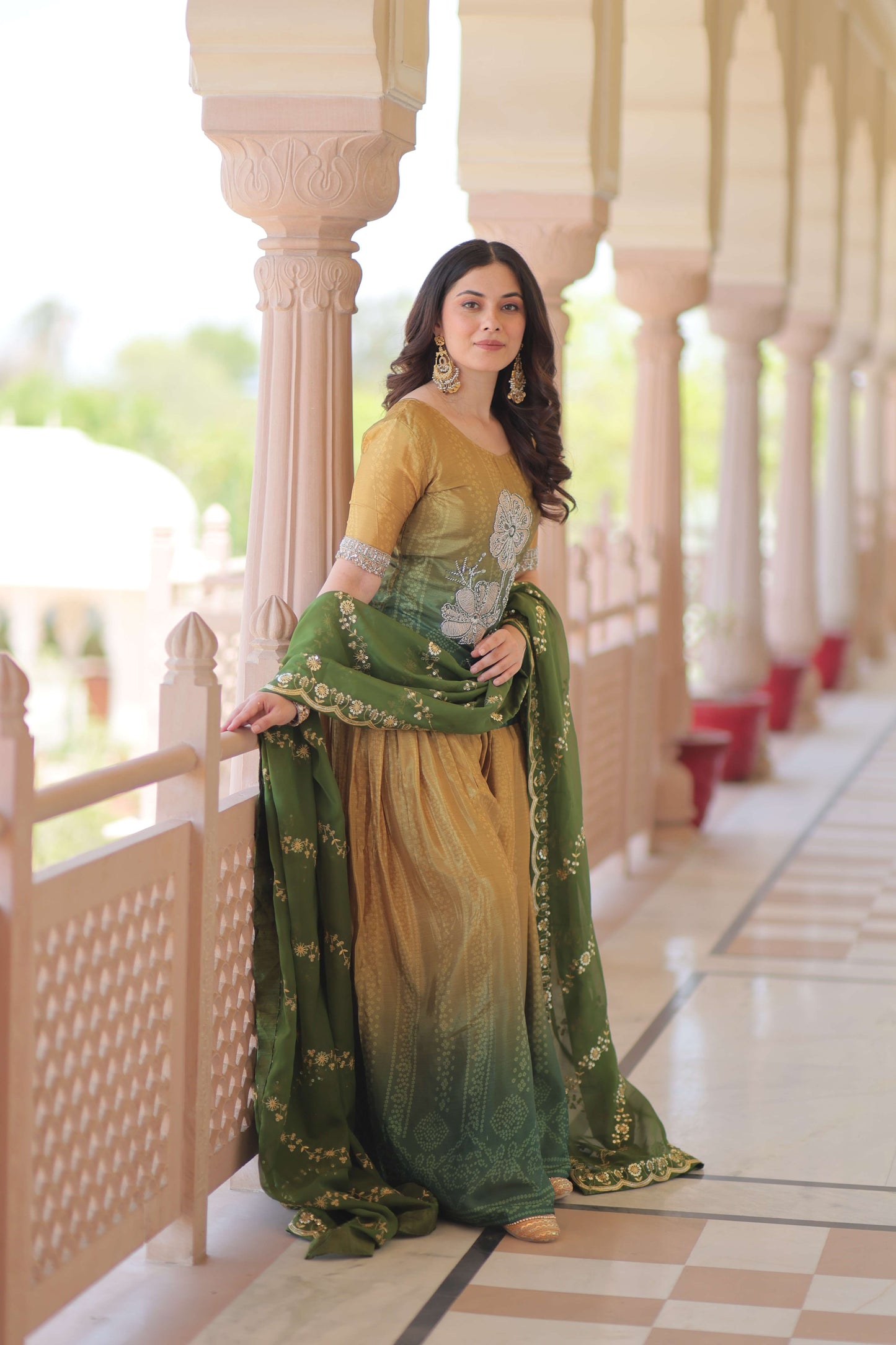 Green Premium Designer Chinnon Print Top-Sharara-Dupatta Set with Bead & Zari Work – Elegant Ethnic Wear for Women