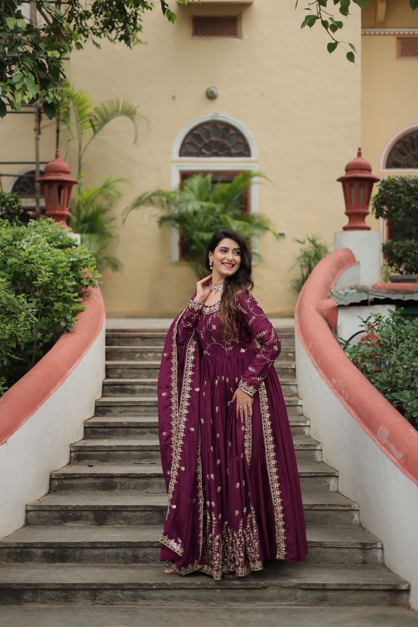 Wine Premium Chinon Sequins Embroidered Kurti with Sharara & Dupatta Set