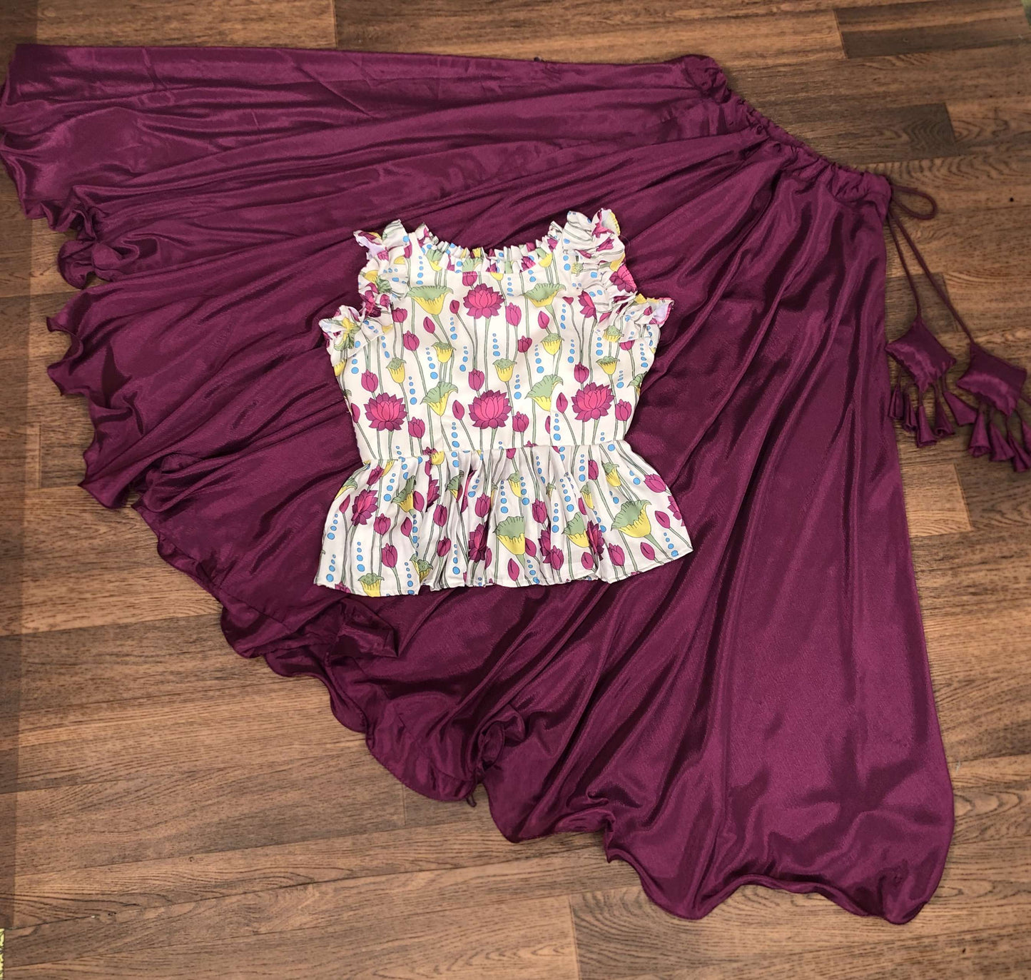 Premium Chinnon Lehenga with Kalamkari Print Maslin Satin Peplum Blouse